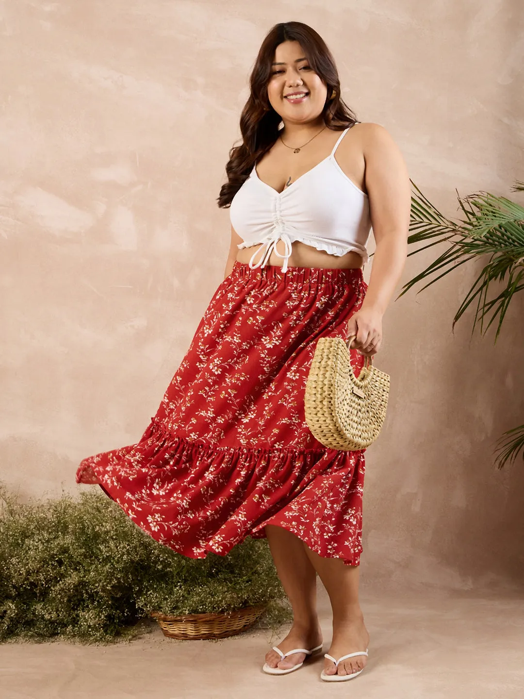 Berrylush Curve Red Floral Print High Rise A-Line Midi Skirt