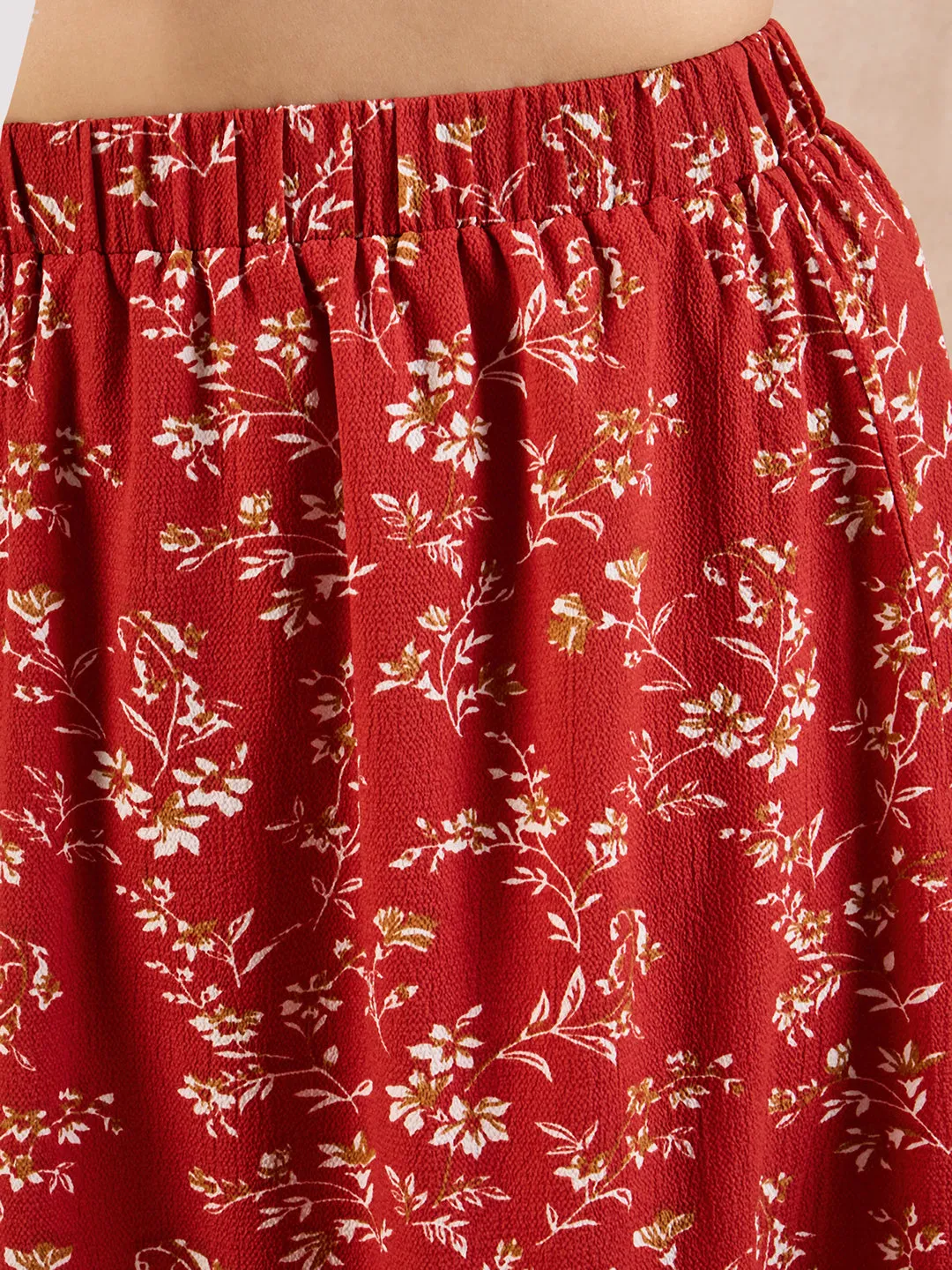 Berrylush Curve Red Floral Print High Rise A-Line Midi Skirt