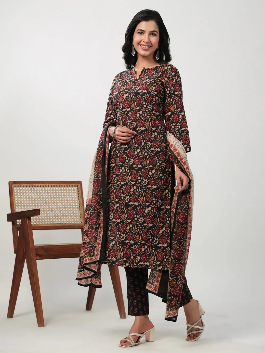 Black Cotton Floral Printed Straight Kurta Set