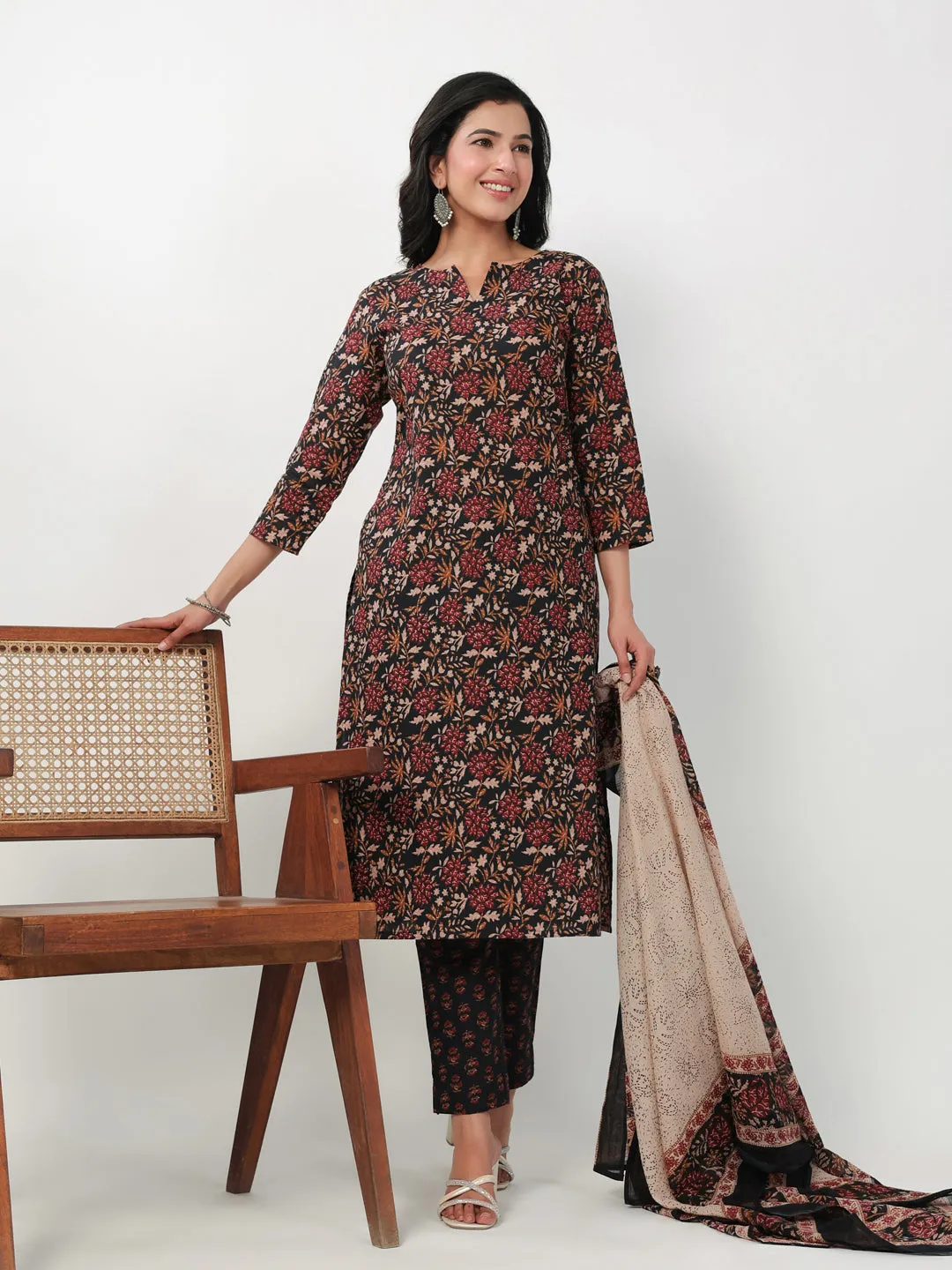 Black Cotton Floral Printed Straight Kurta Set