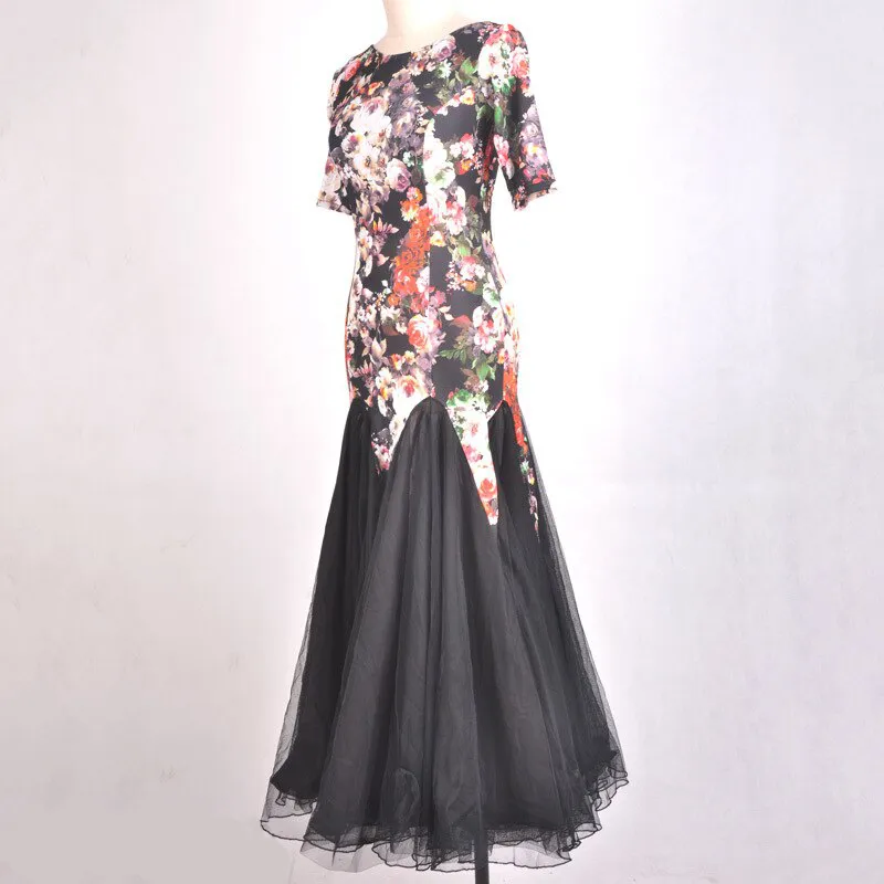 Black Floral Ballroom Practice Dress with Short Sleeves and Scoop Neck Available in Sizes S-3XL PRA 377