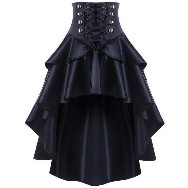 Black Lace Up Ruffles Vintage Gothic Skirt Women Plus Size MINI High Low Skirts Womens Punk Party Steampunk Skirt