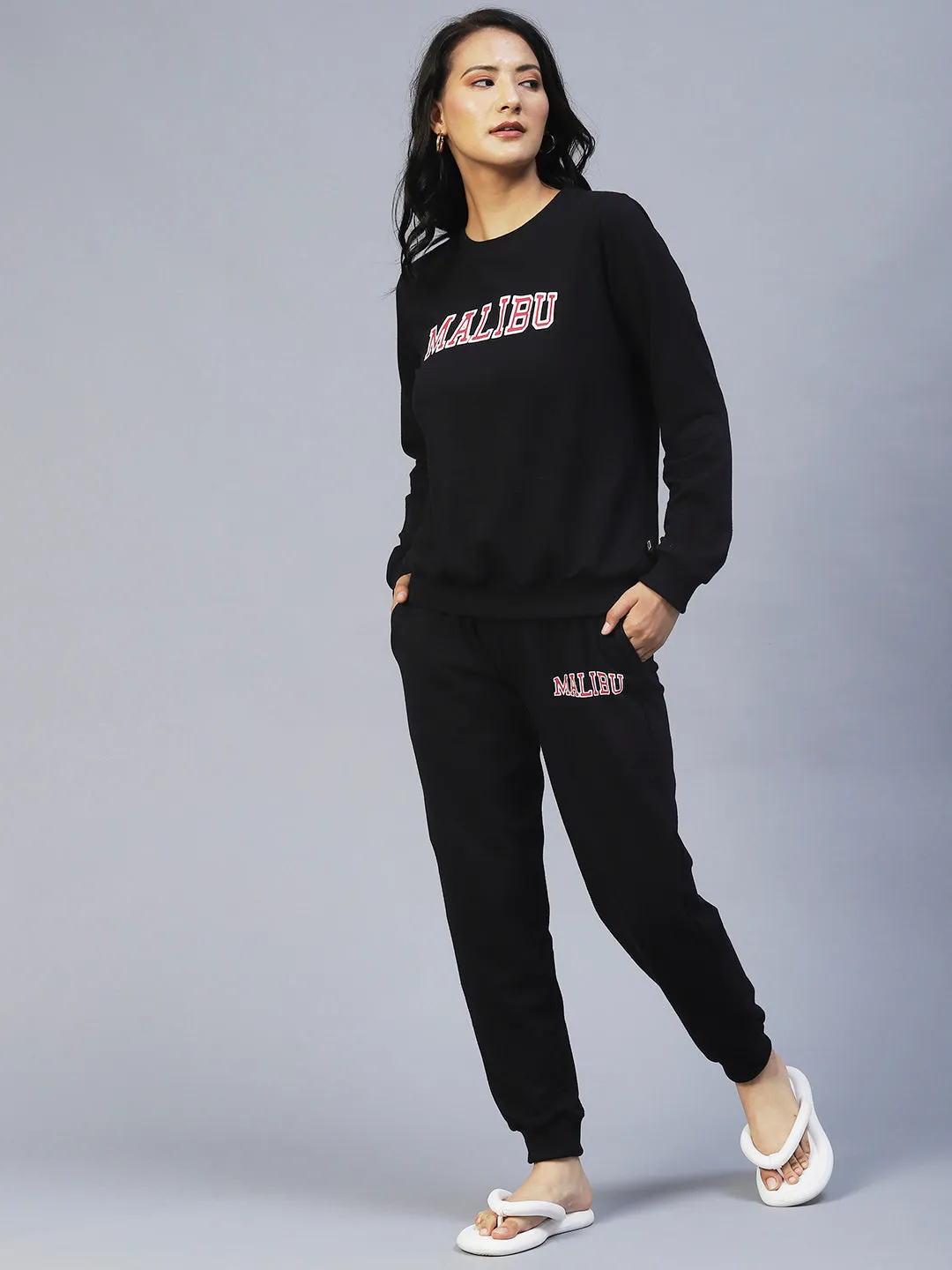 Black Printed Round Neck Tracksuit