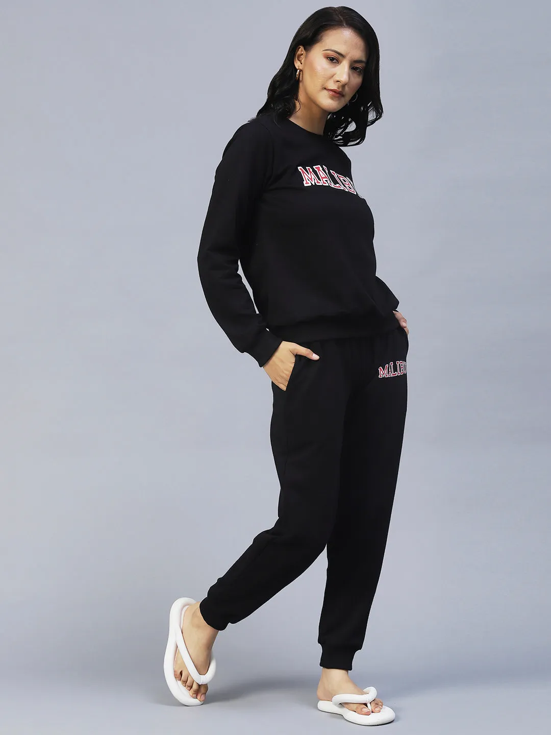 Black Printed Round Neck Tracksuit