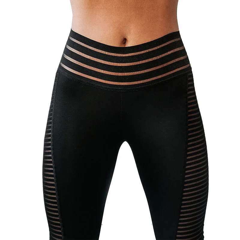 Black Striped Mesh Workout and Yoga Leggings with Ruching and Elastic Waistband Anna_sale