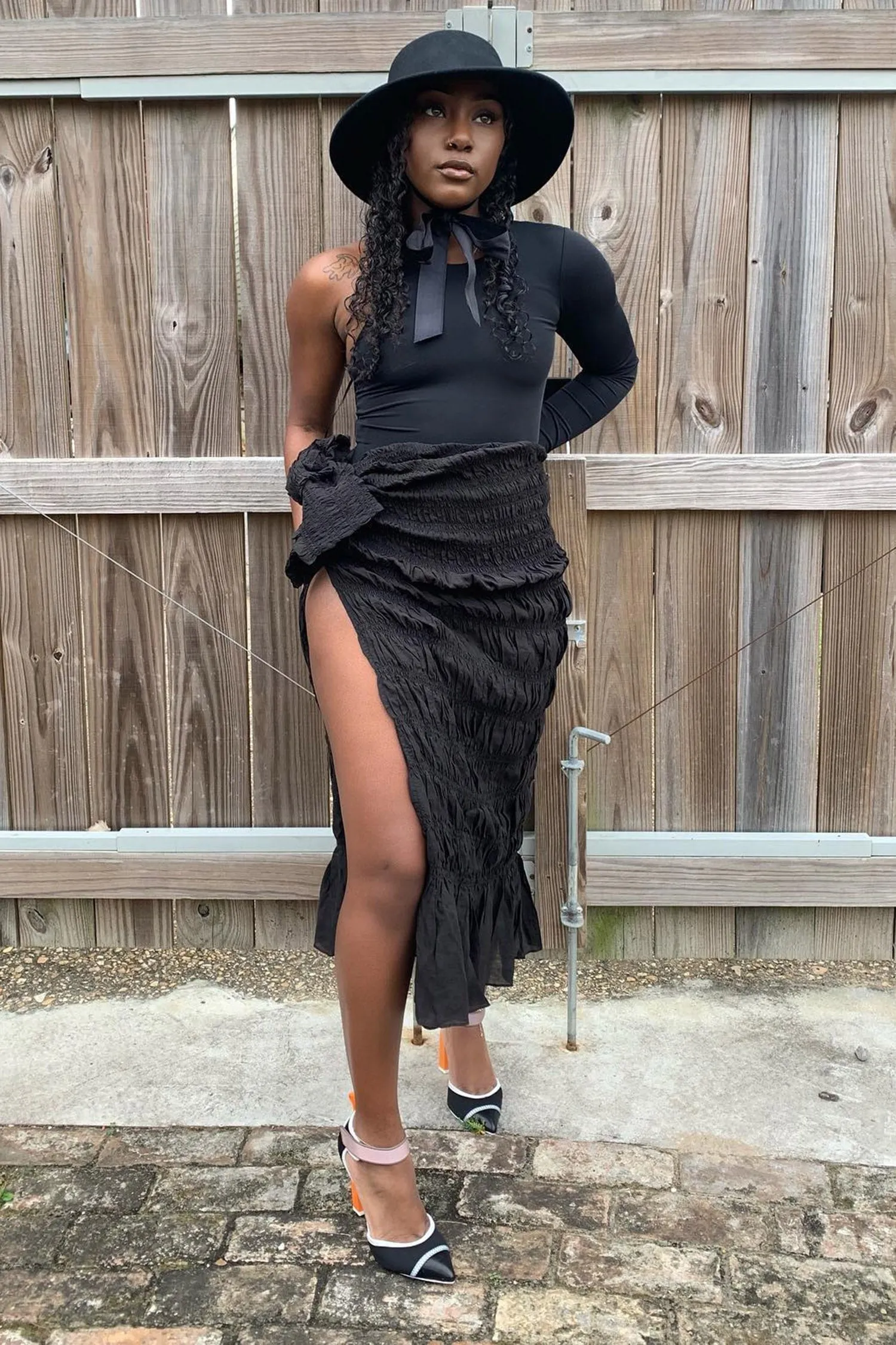 Black Wrap Tie Ruffle Split Midi Skirt