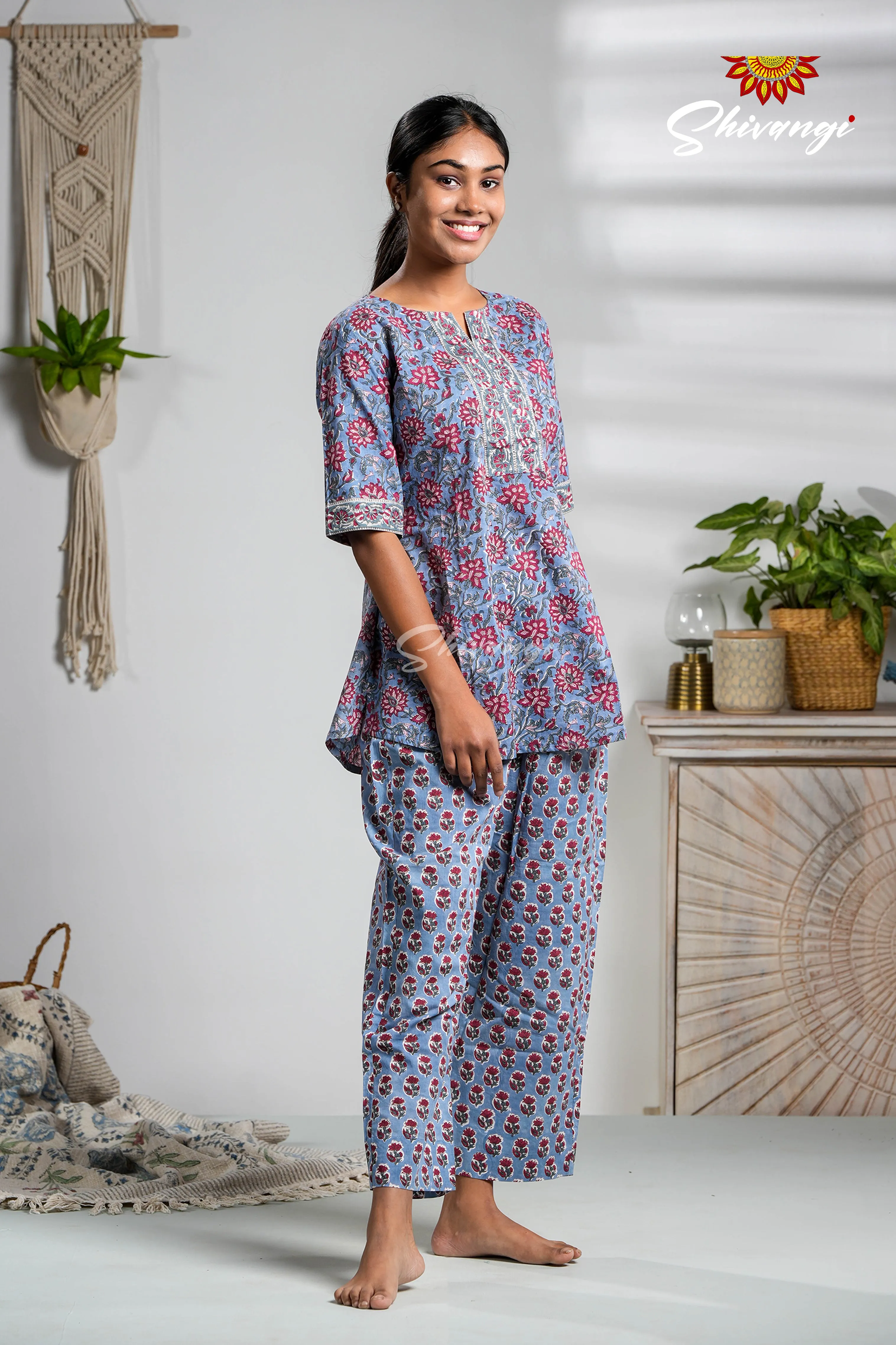 Blue Floral Print Cotton Night Wear Set For Women !!!