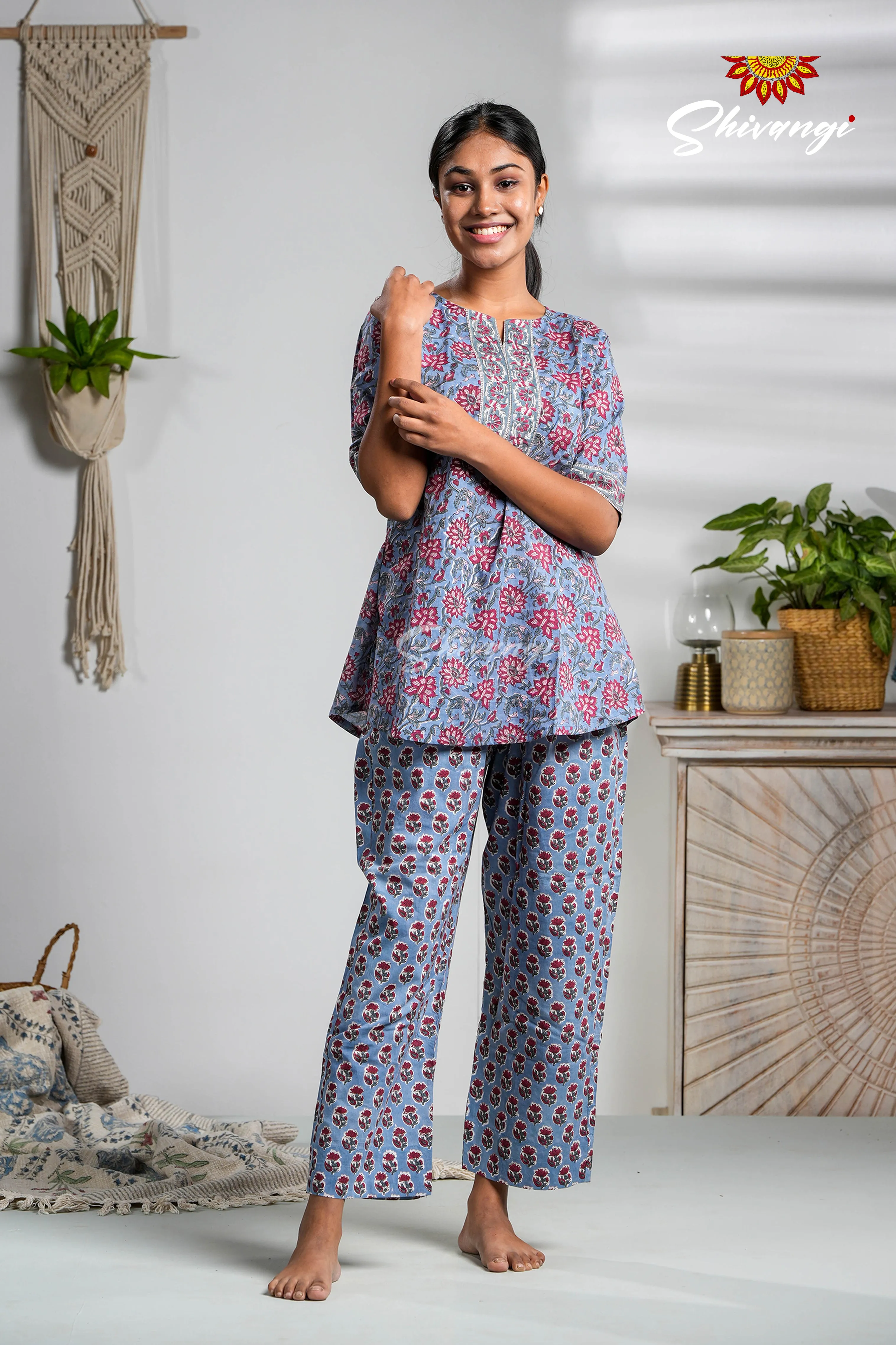 Blue Floral Print Cotton Night Wear Set For Women !!!