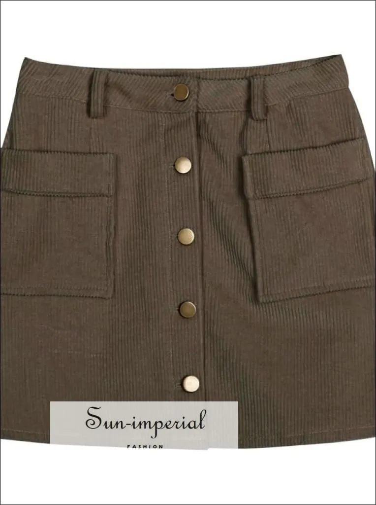 Button front High Waist Corduroy Skirt with Pockets A-line Women Short Mini Skirt