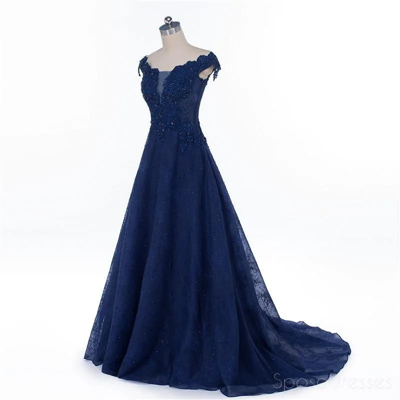 Cap Sleeve Navy Blue See Through A line Lace Beaded Long Evening Prom Dresses, Popular Cheap Long 2018 Party Prom Dresses, 17229