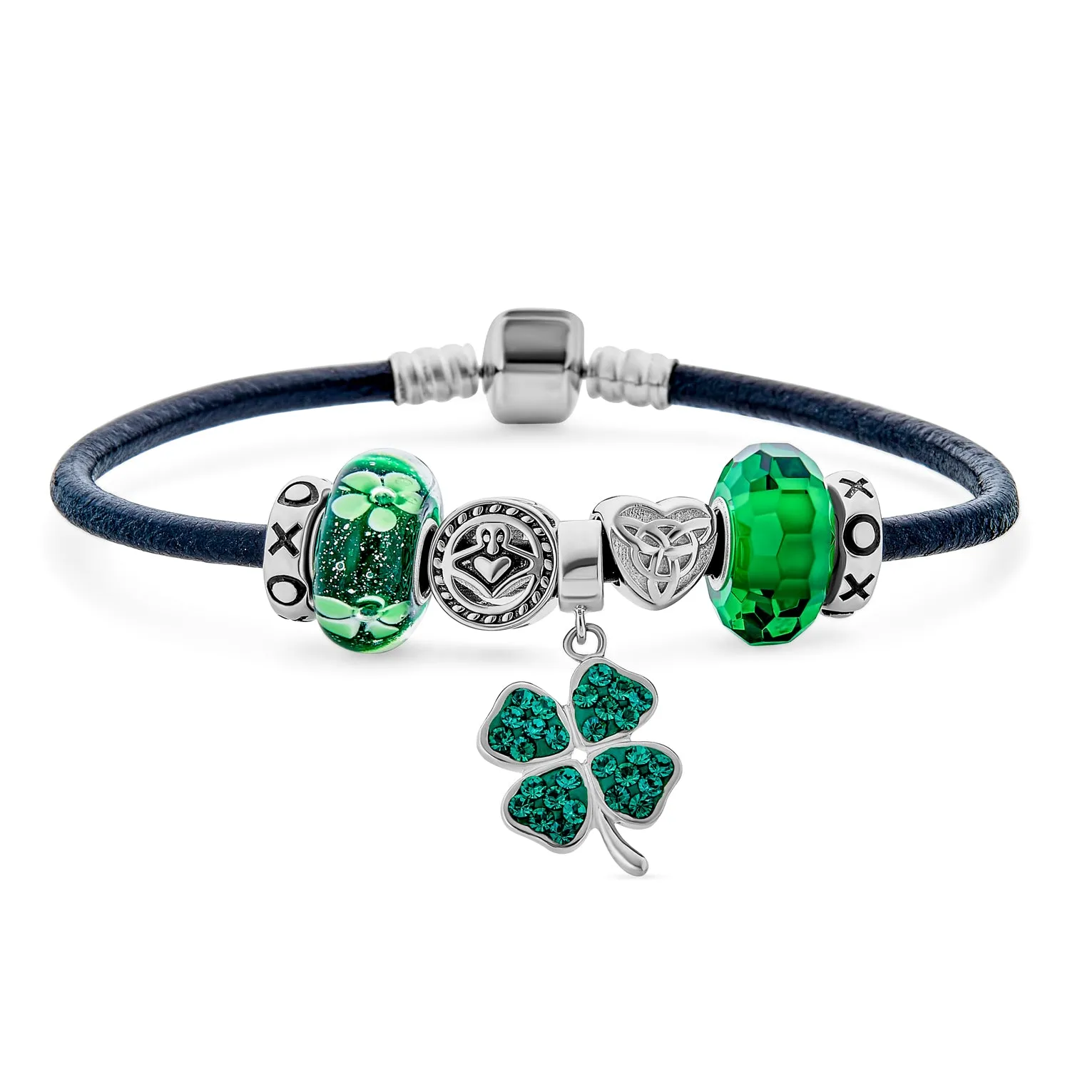 Celtic Clover Shamrock Claddagh Multi Charm Bracelet Sterling Silver