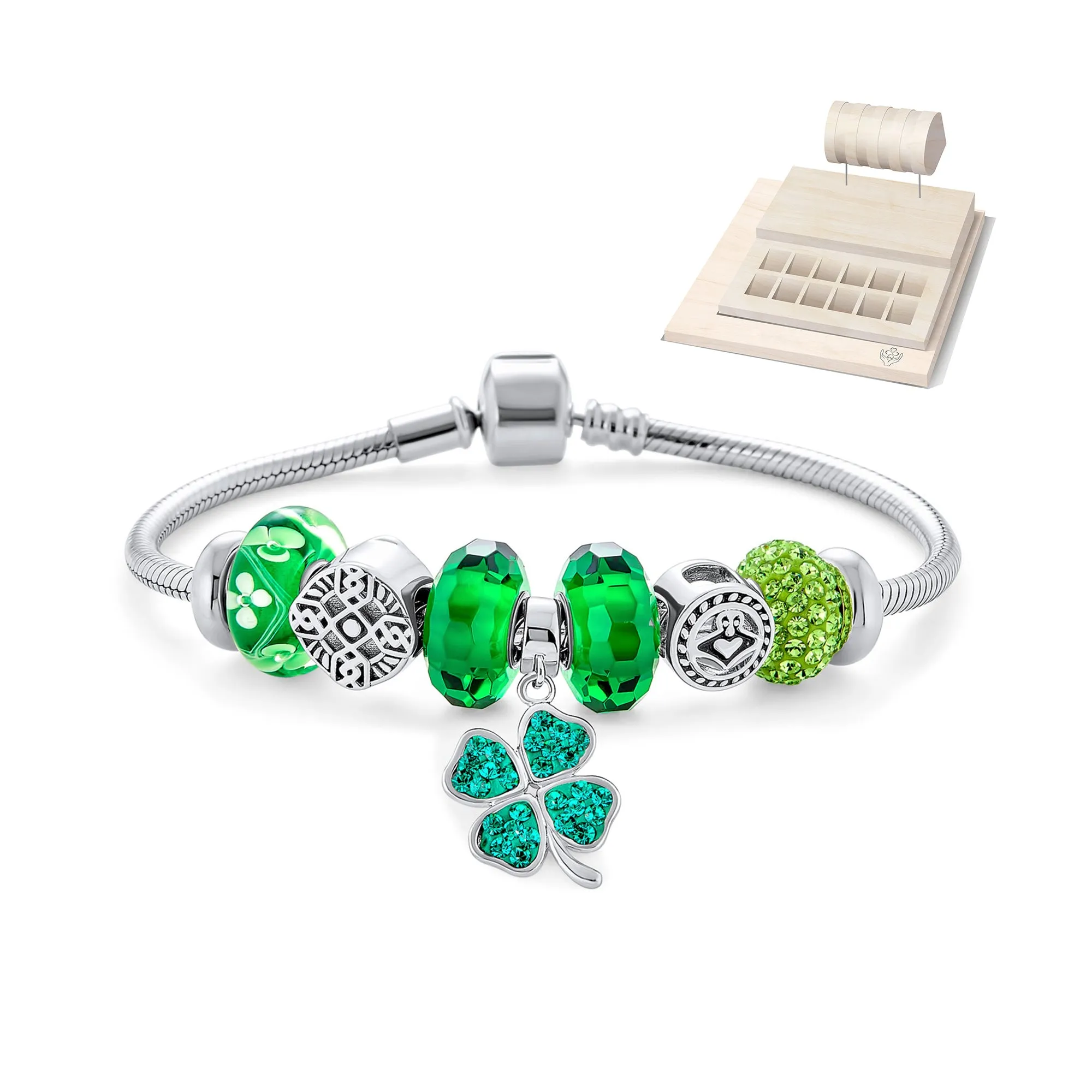 Celtic Clover Shamrock Claddagh Multi Charm Bracelet Sterling Silver