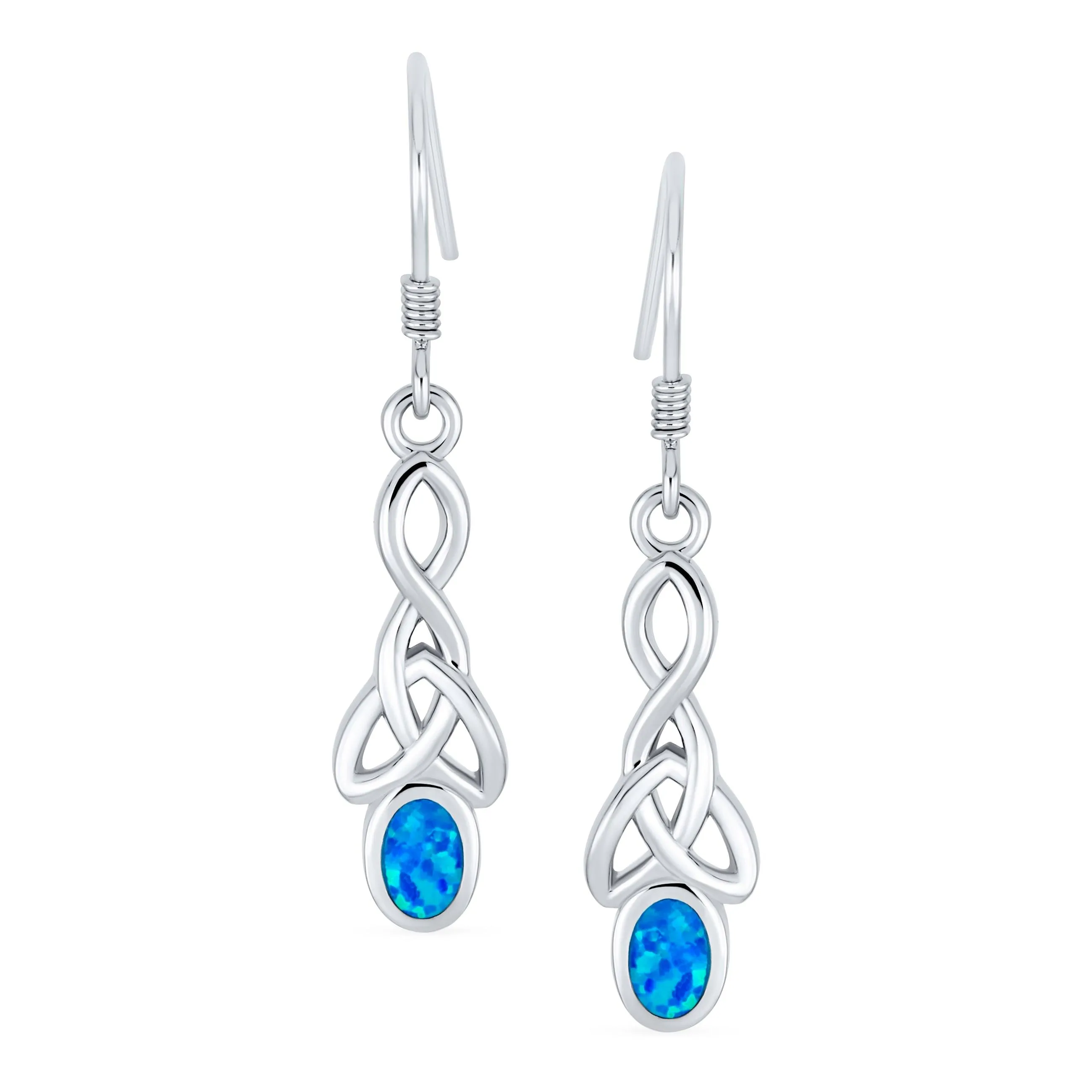 Celtic Love Knot Oval Blue Opal Dangle Earrings .925Sterling Silver