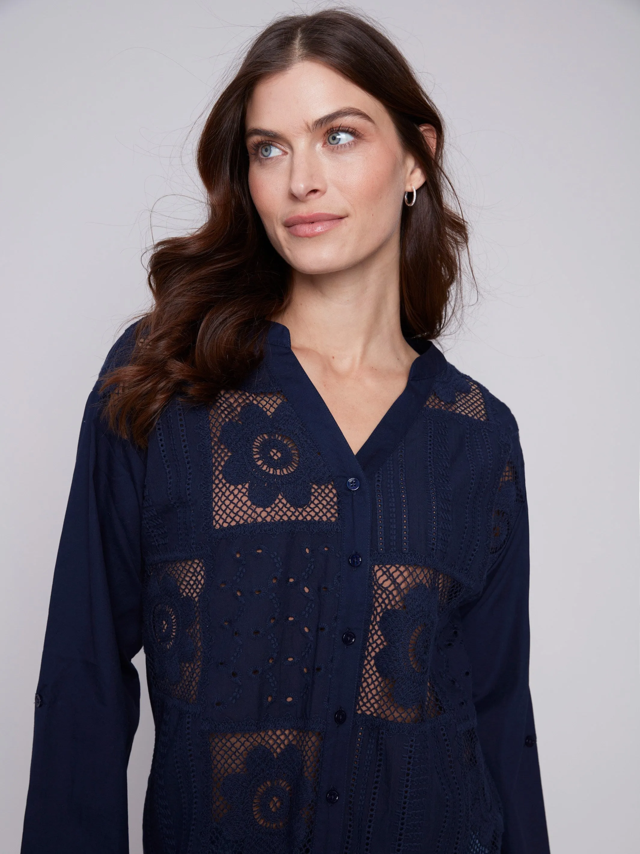 Cotton Eyelet Shirt - Navy