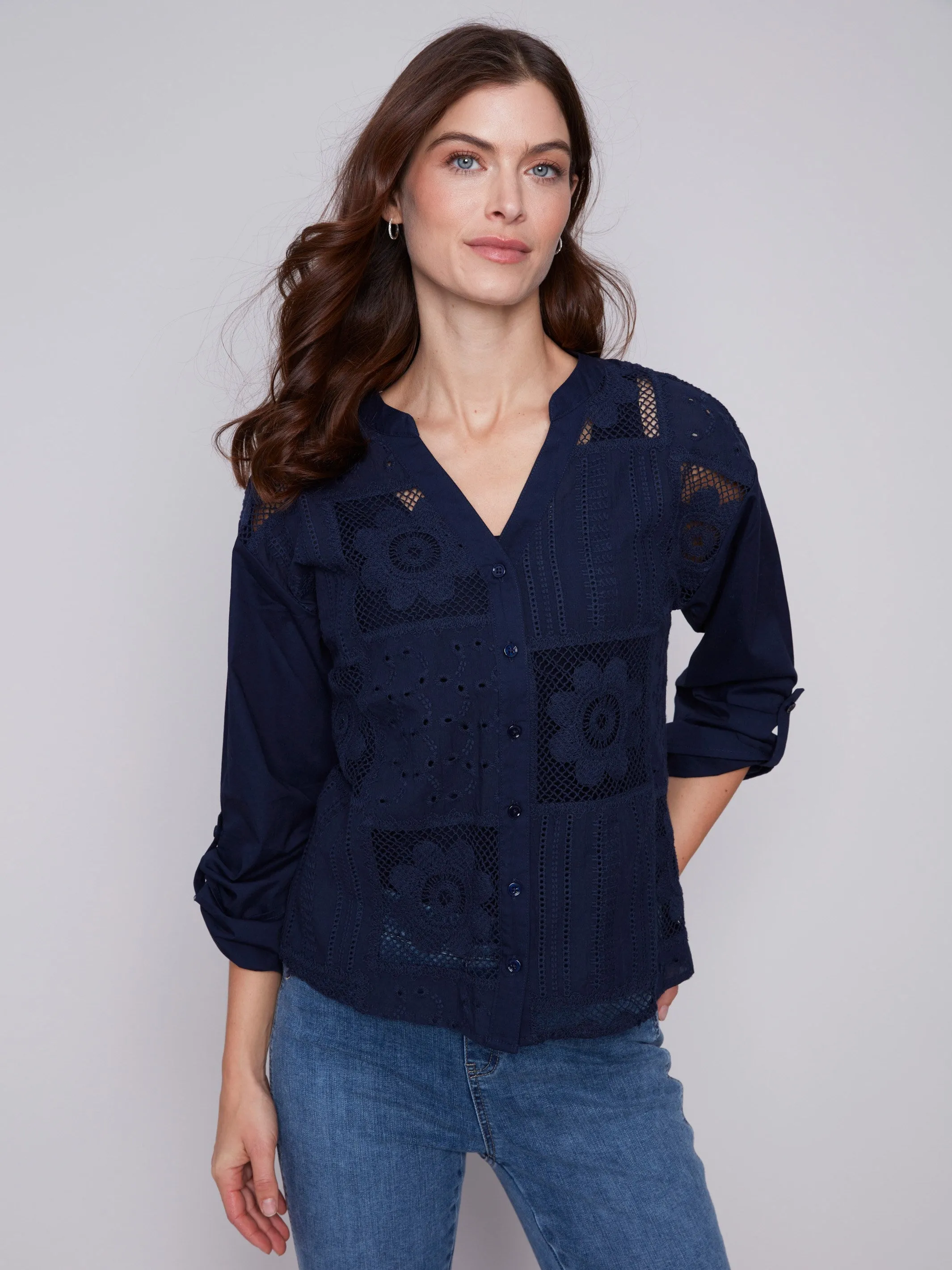 Cotton Eyelet Shirt - Navy