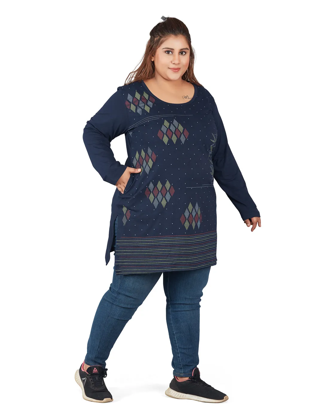 Cotton Long Top for Women Plus Size - Full Sleeve - Navy