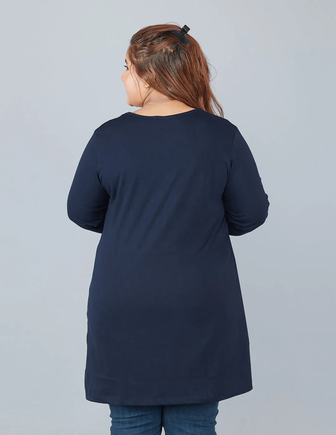 Cotton Long Top for Women Plus Size - Full Sleeve - Navy