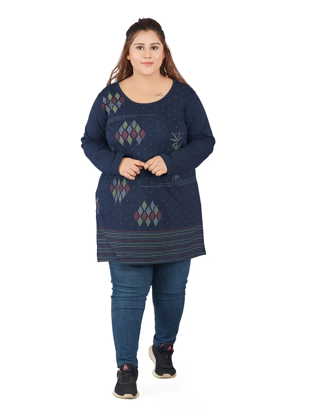 Cotton Long Top for Women Plus Size - Full Sleeve - Navy