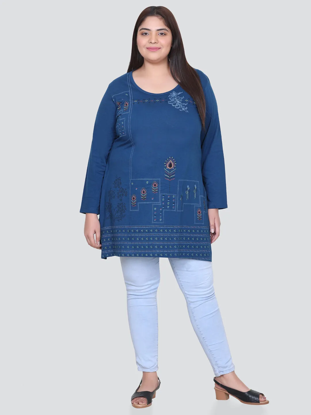 Cotton Long Top for Women Plus Size - Full Sleeves - Teal Blue