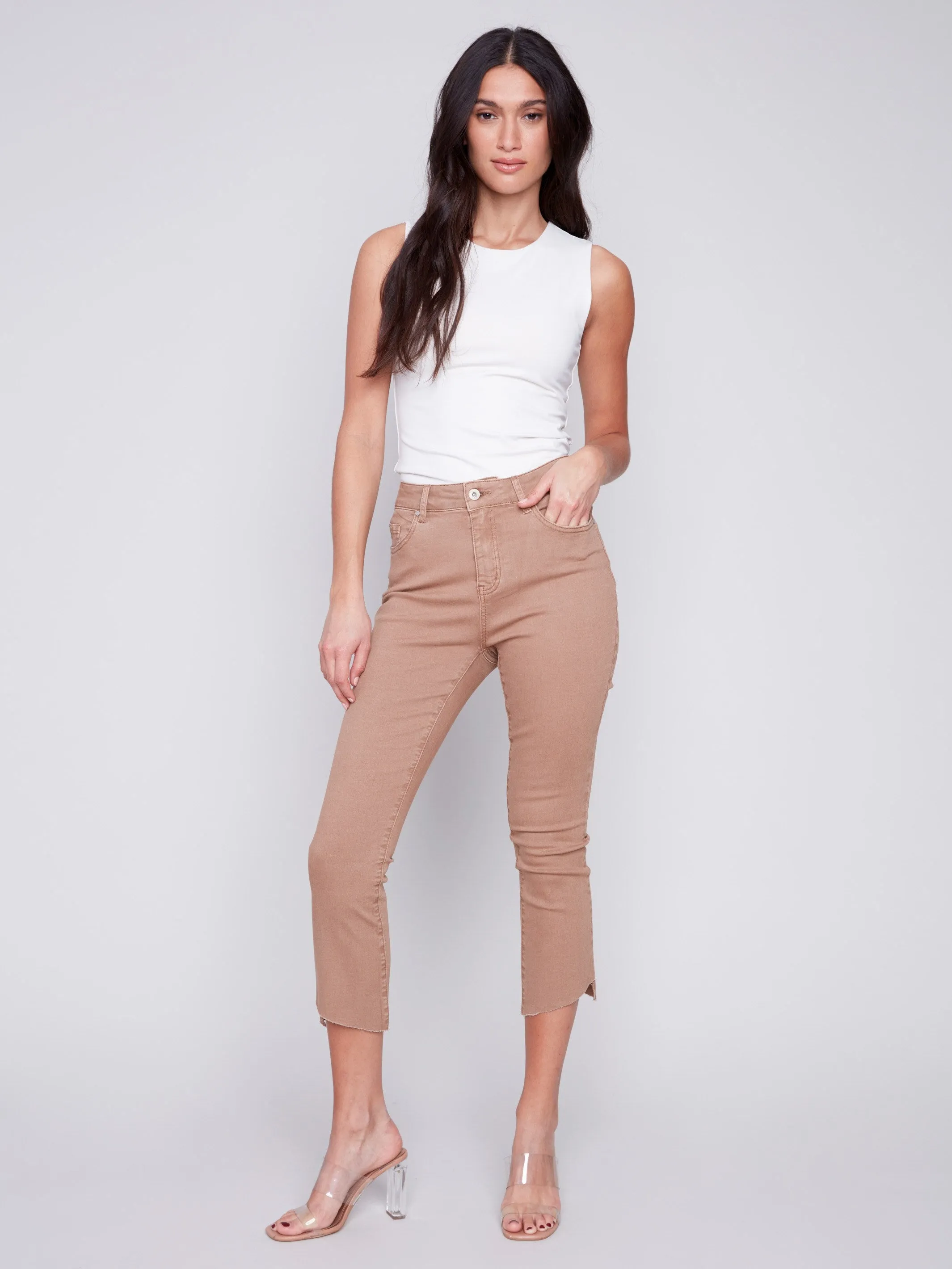 Cropped Bootcut Twill Pants with Asymmetrical Hem - Caramel