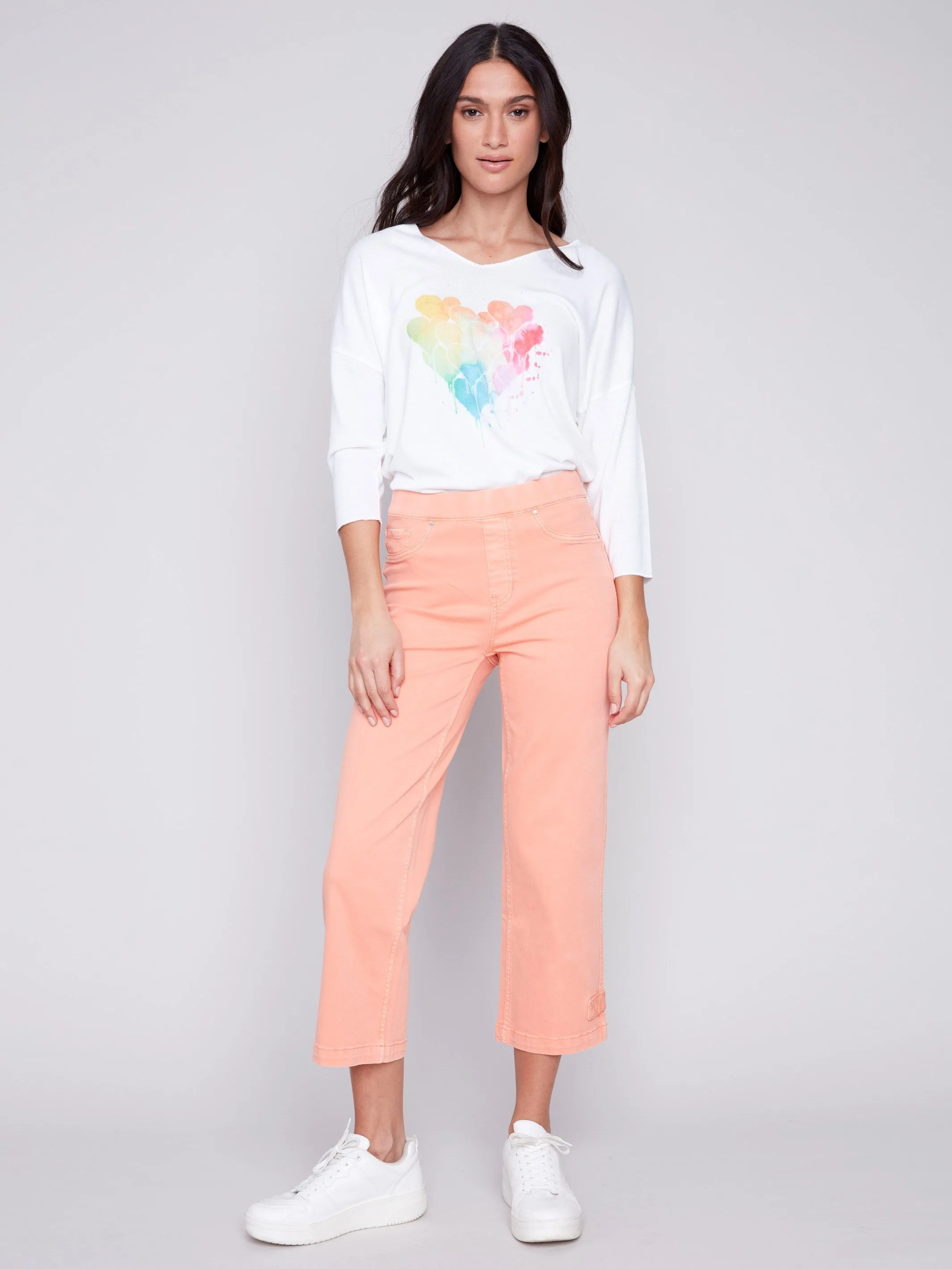 Cropped Pull-On Twill Pants with Hem Tab - Tangerine