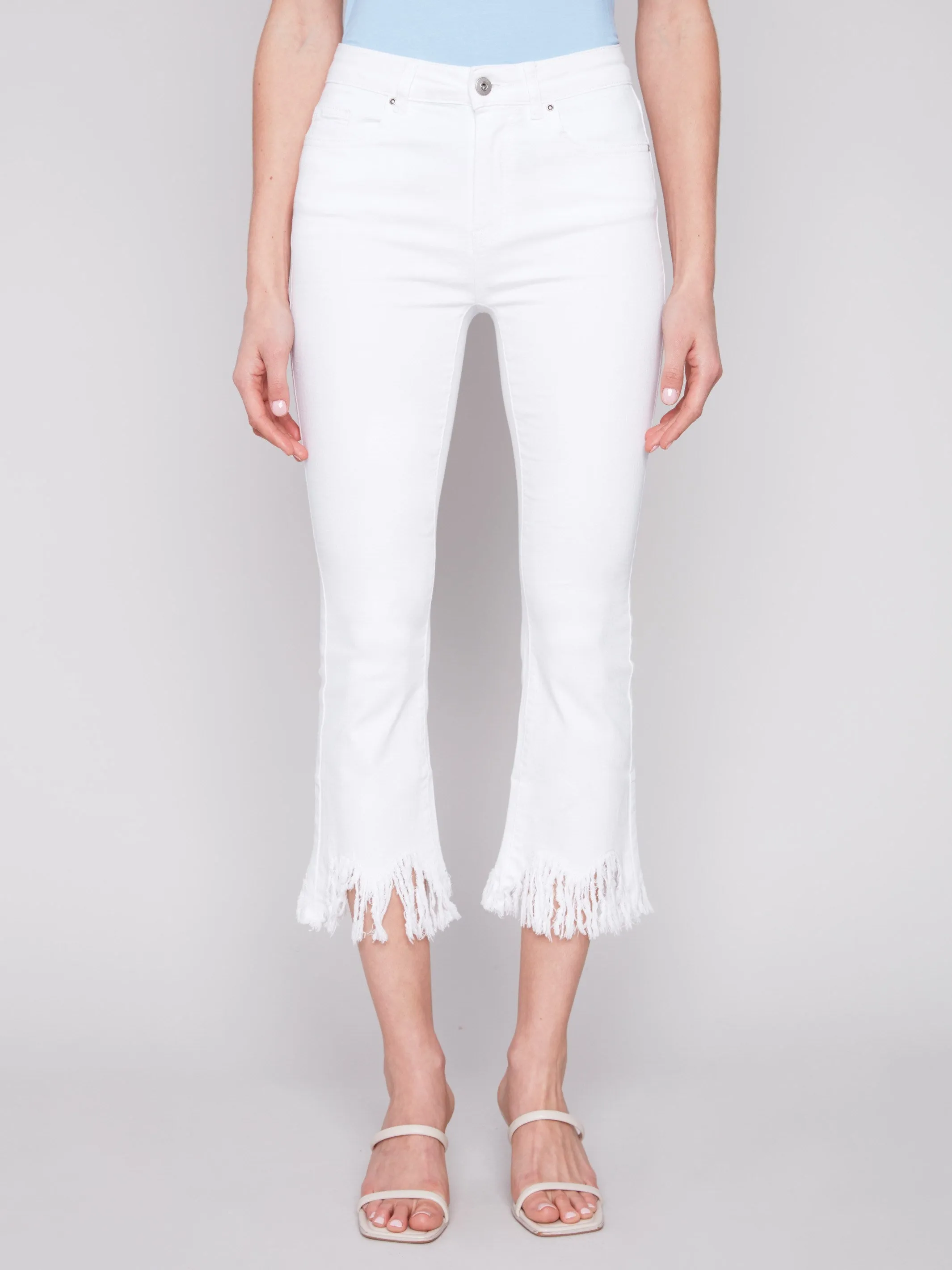 Cropped Twill Jeans with Fringed Hem - White