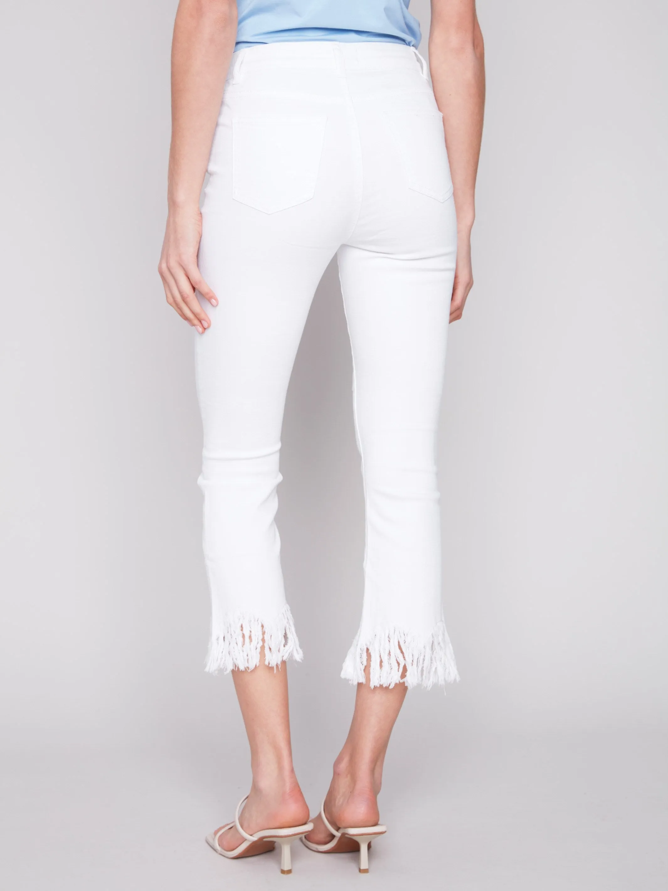 Cropped Twill Jeans with Fringed Hem - White