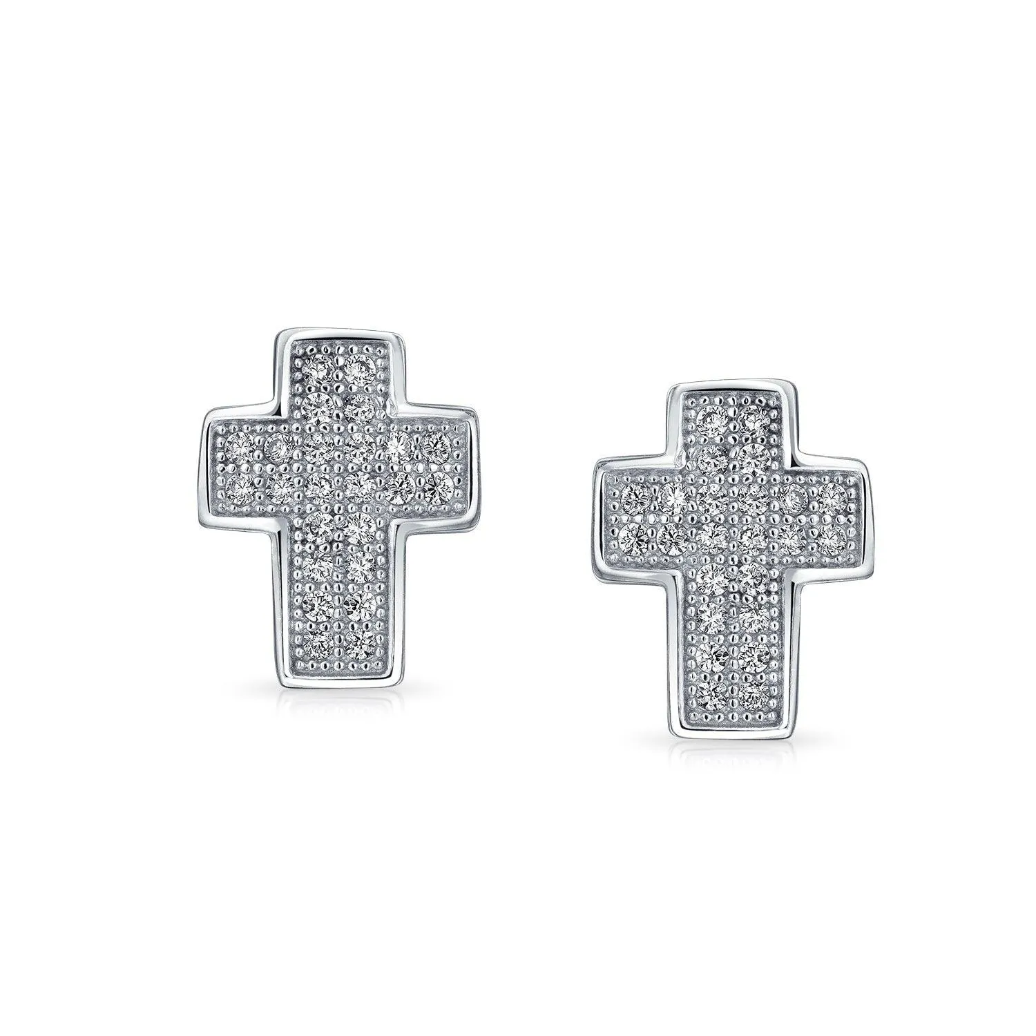 Cross Religious Communion CZ Micro Pave Stud Earrings Sterling Silver