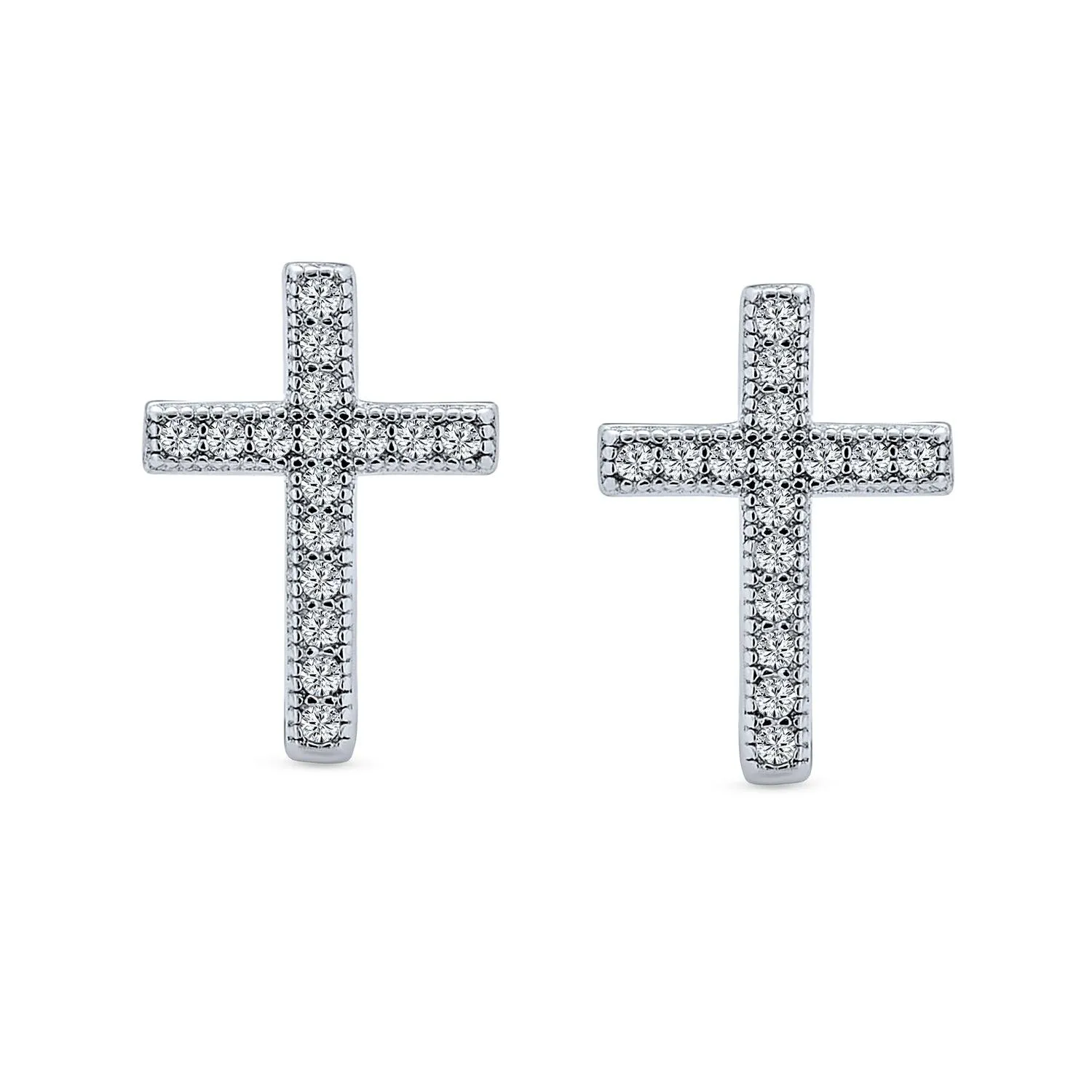 Cross Religious Communion CZ Micro Pave Stud Earrings Sterling Silver