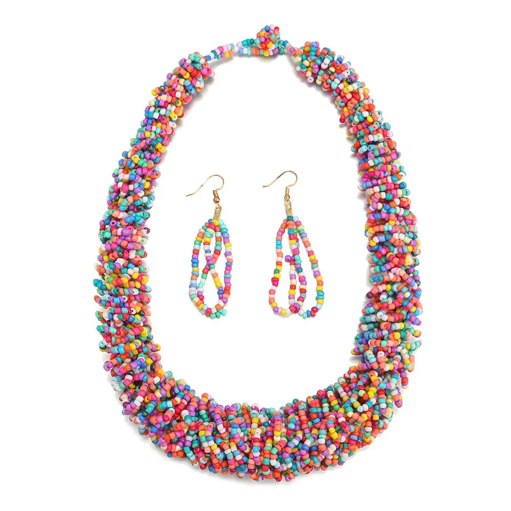 Exaggerated Boho Beads Wrapped Necklace Earrings Set