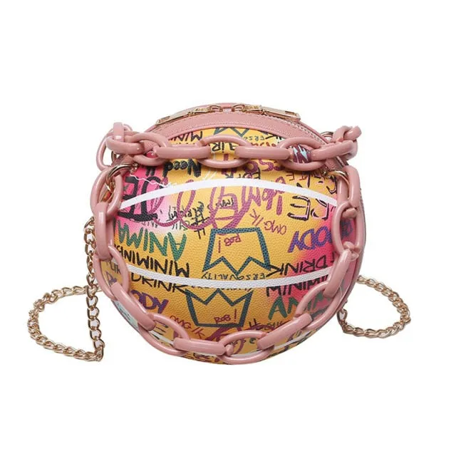 Fashion Graffiti Printing PU Leather Basketball Shape Shoulder Crossbody Messenger Bags Casual Ladies Thick Small Handbags