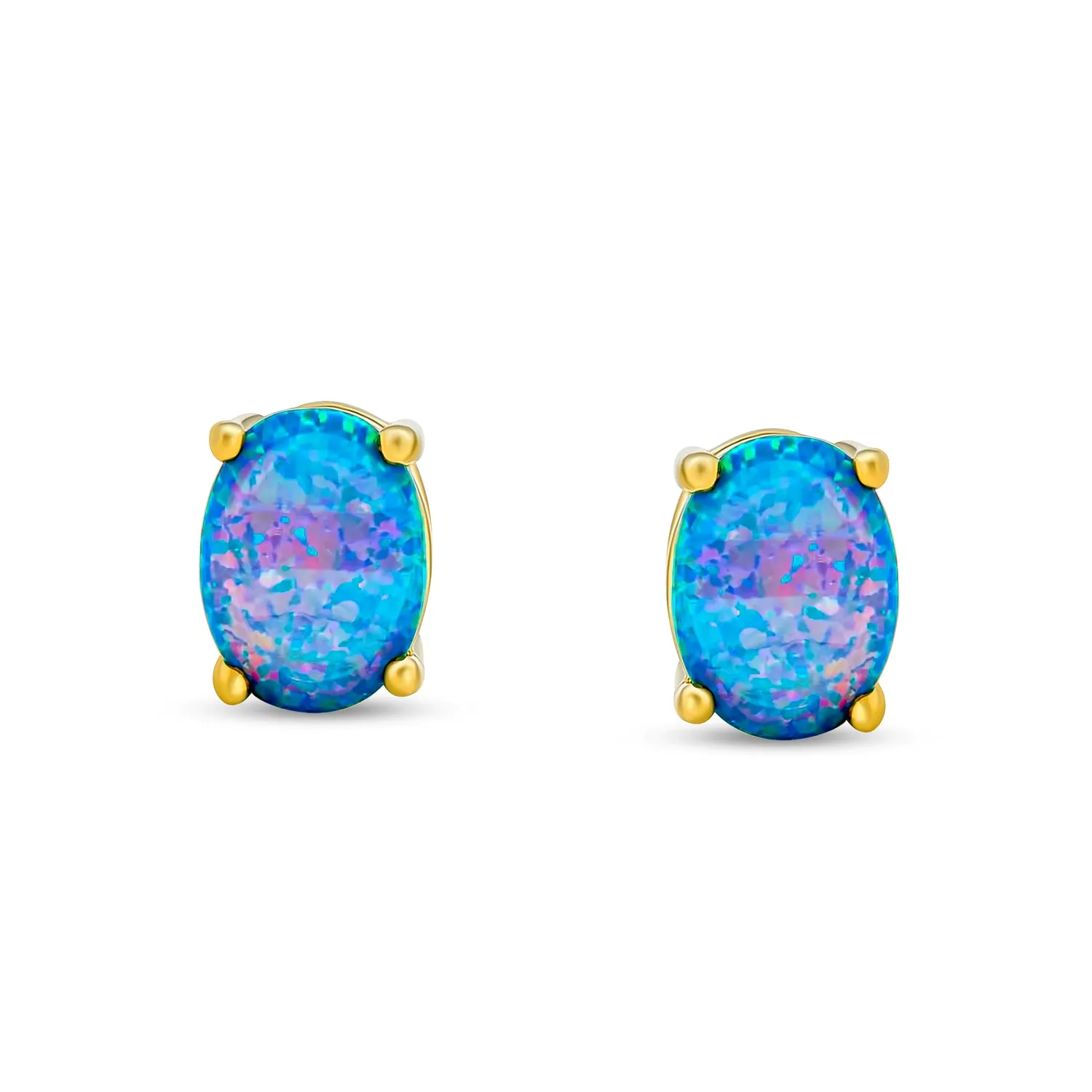 Gemstone Created Opal Oval Stud Earrings Gold Plated .925 Silver 7MM