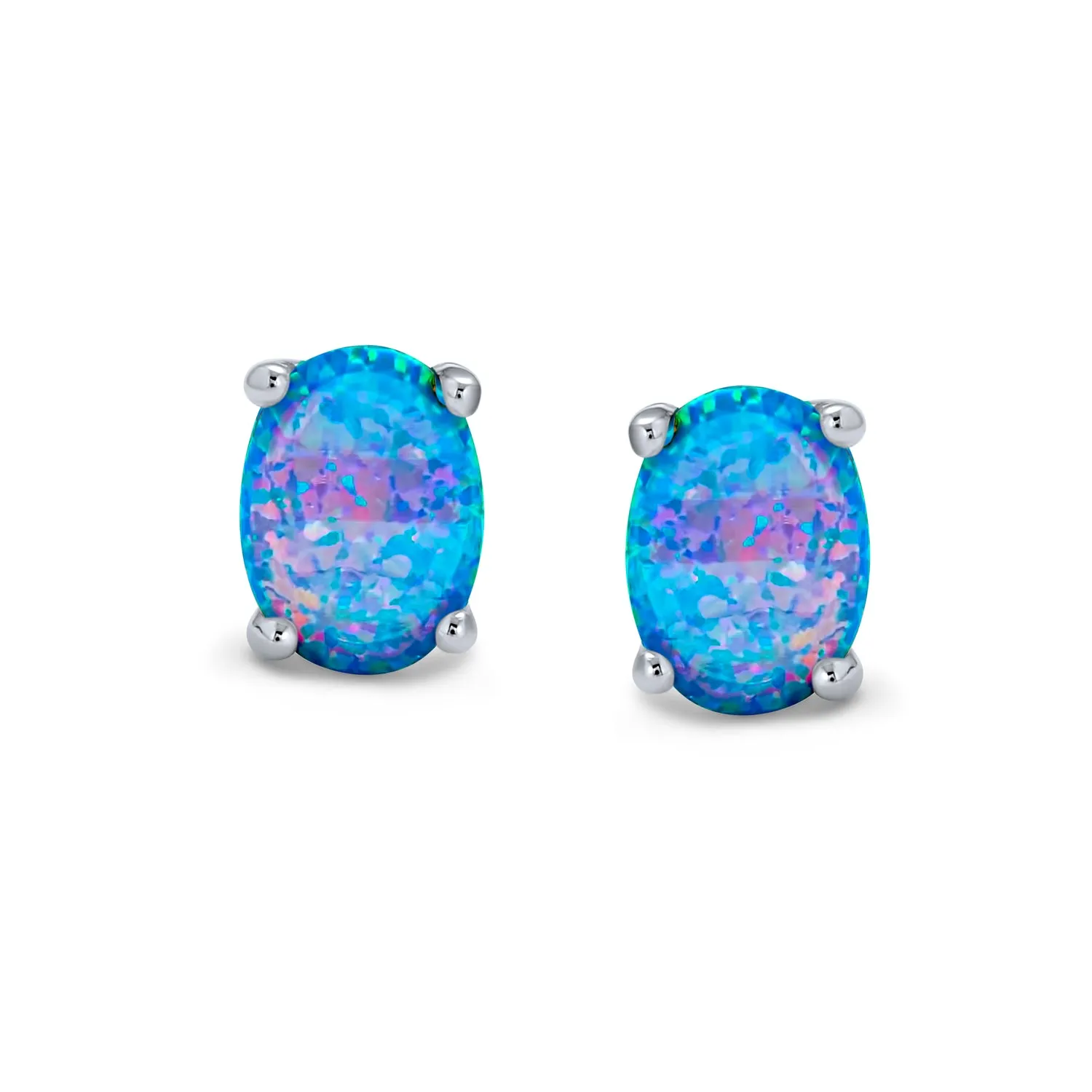 Gemstone Created Opal Oval Stud Earrings Gold Plated .925 Silver 7MM