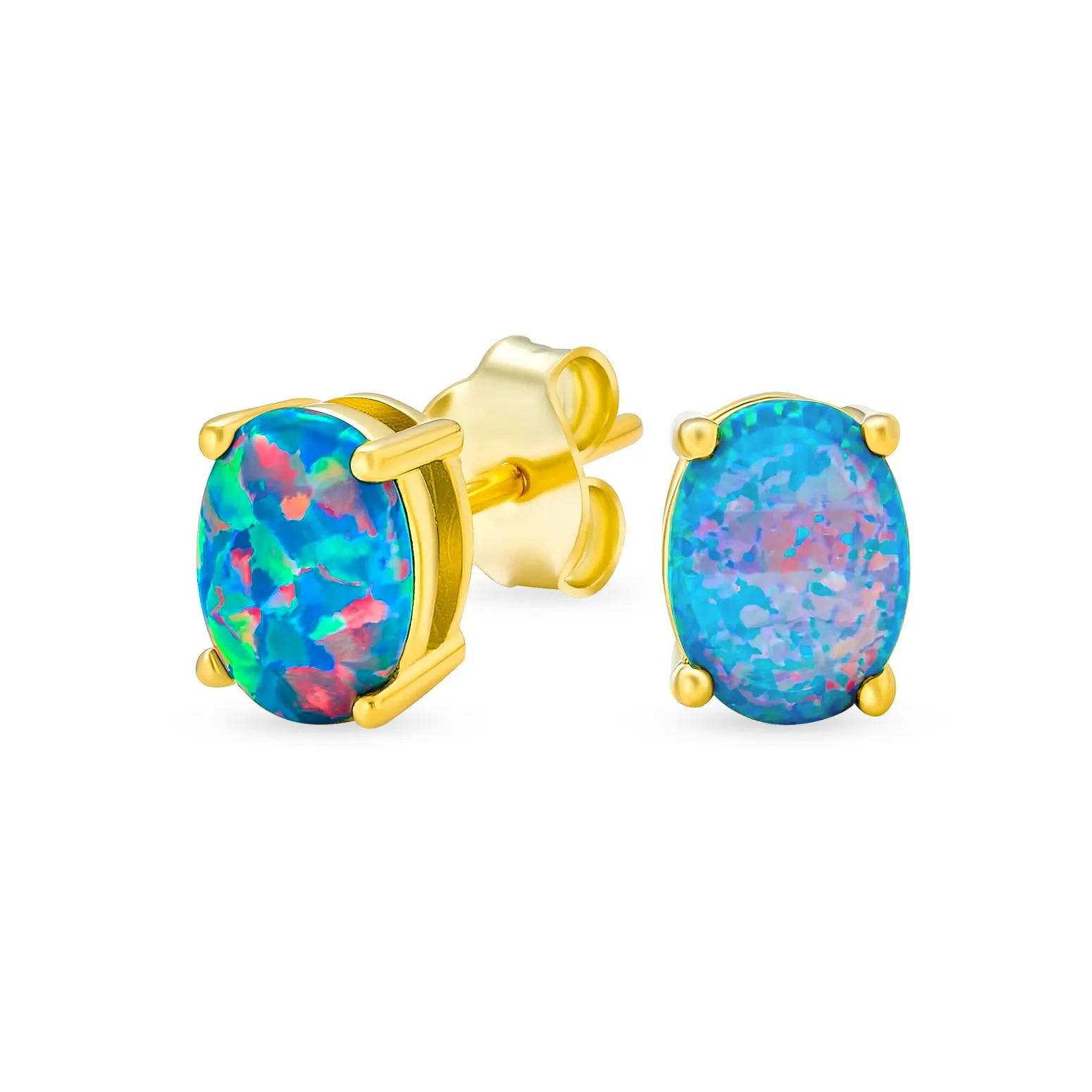 Gemstone Created Opal Oval Stud Earrings Gold Plated .925 Silver 7MM