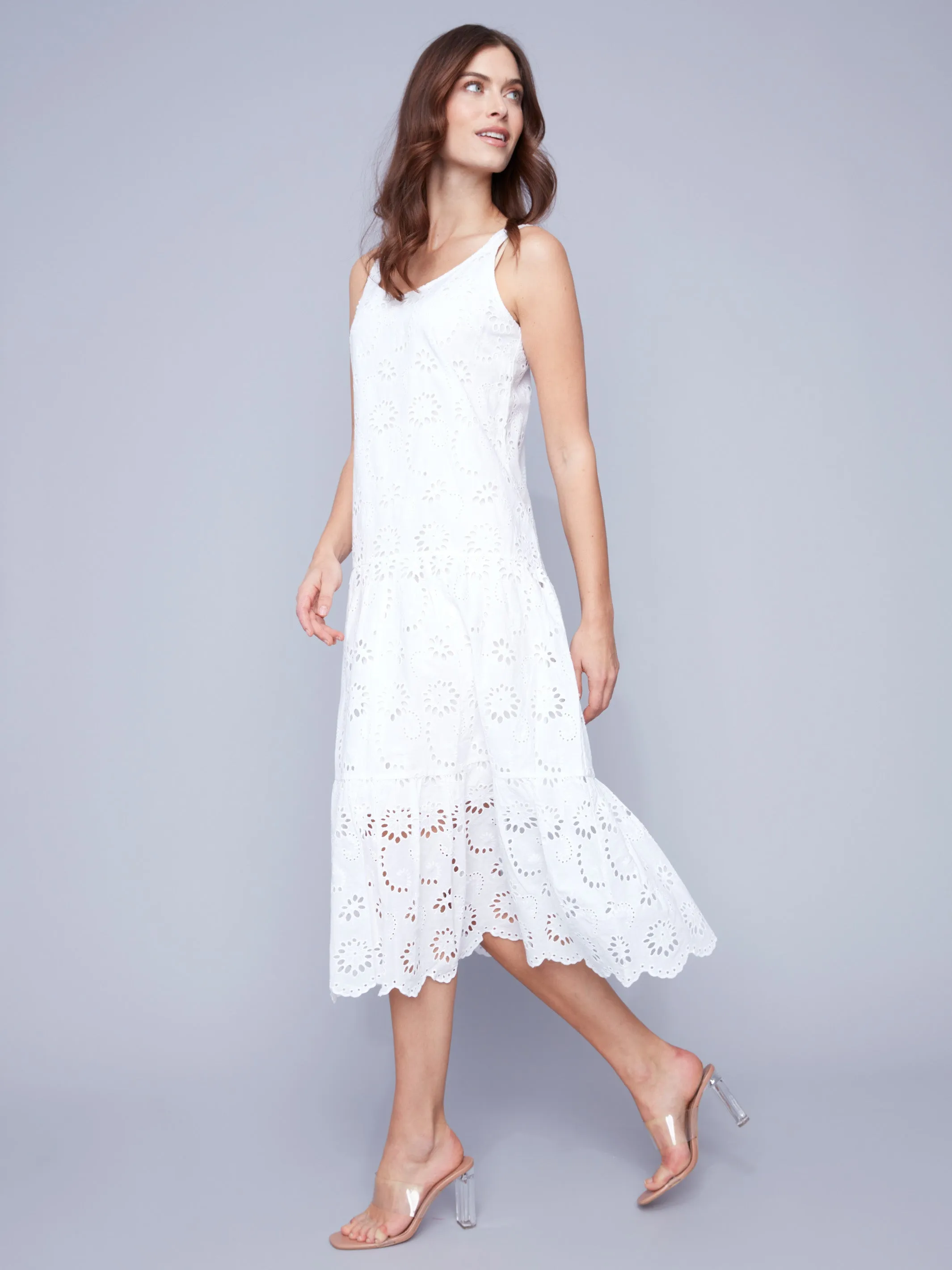 Long Sleeveless Cotton Eyelet Dress - White