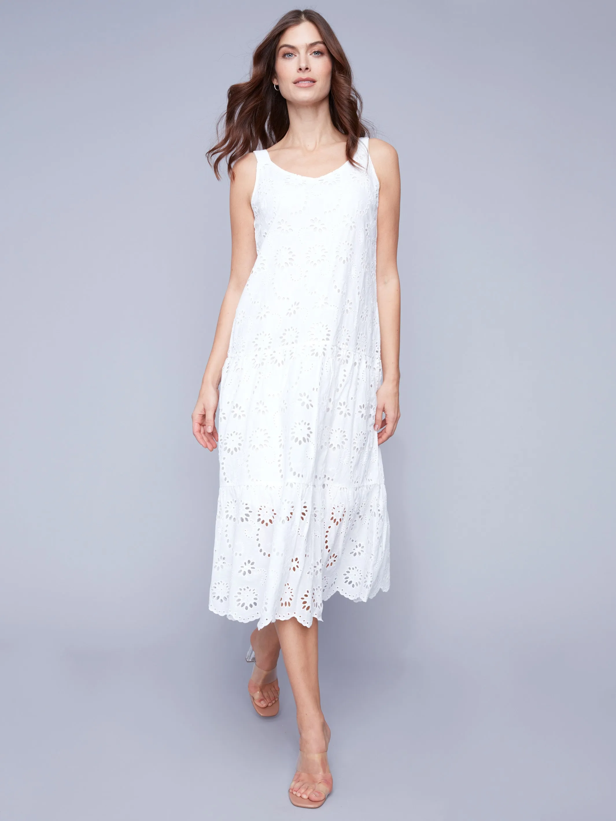 Long Sleeveless Cotton Eyelet Dress - White