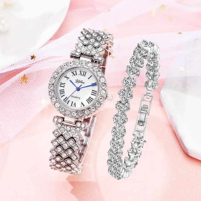 Luxury Women Elegant 2pcs Set Diamond Wristwatch