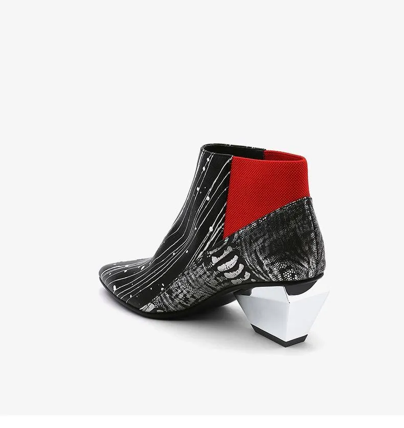 Mid Heel Pointed Toe Color Block Ankle Boots