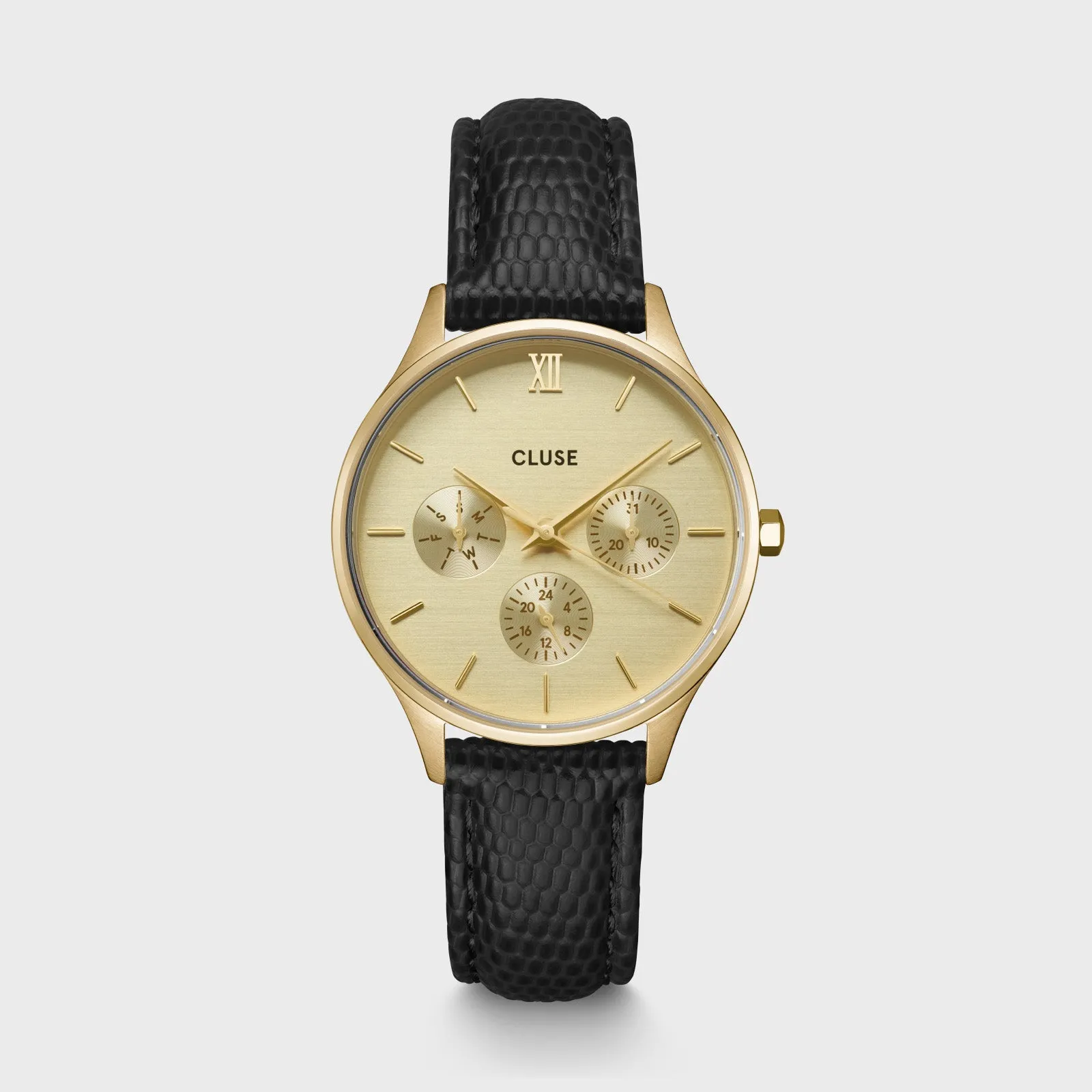 Minuit Multifunction Watch Leather, Black Lizard, Gold Colour