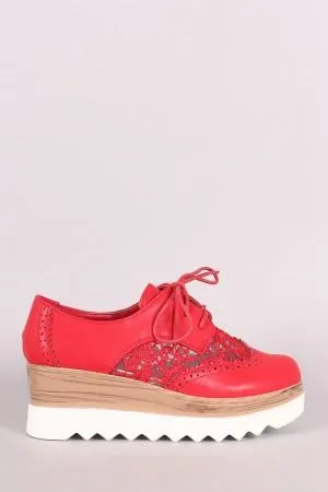 Perforated Crochet Mesh Lug Sole Lace Up Oxford Platform Wedge