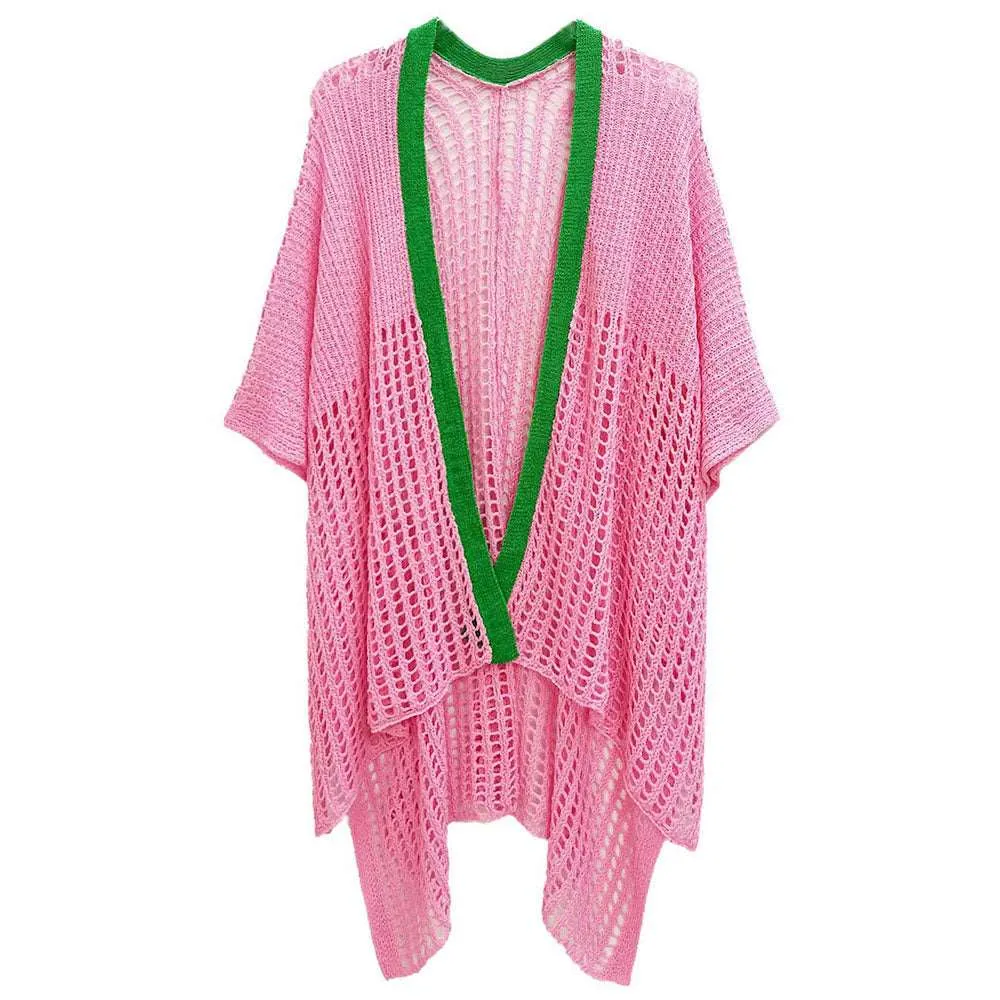 Pink and Green Chest Blocked Crochet Ruana Poncho for Women