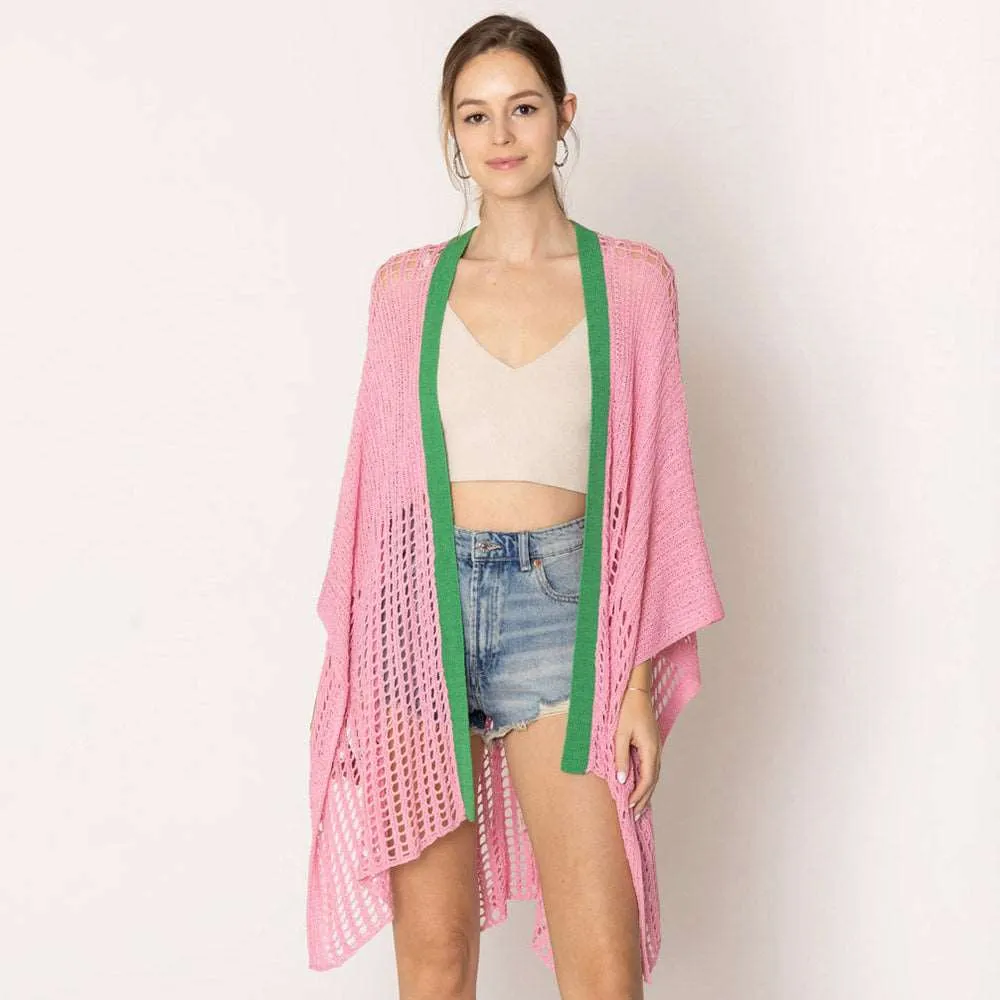 Pink and Green Chest Blocked Crochet Ruana Poncho for Women