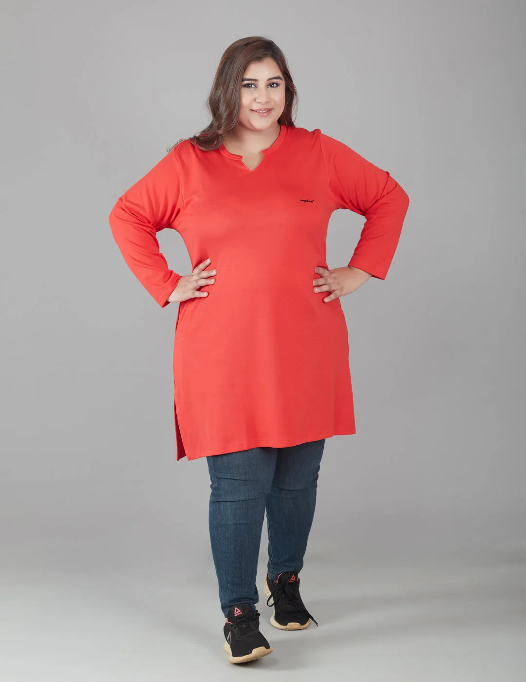 Plus Size Full Sleeves Long Top For Women - Red