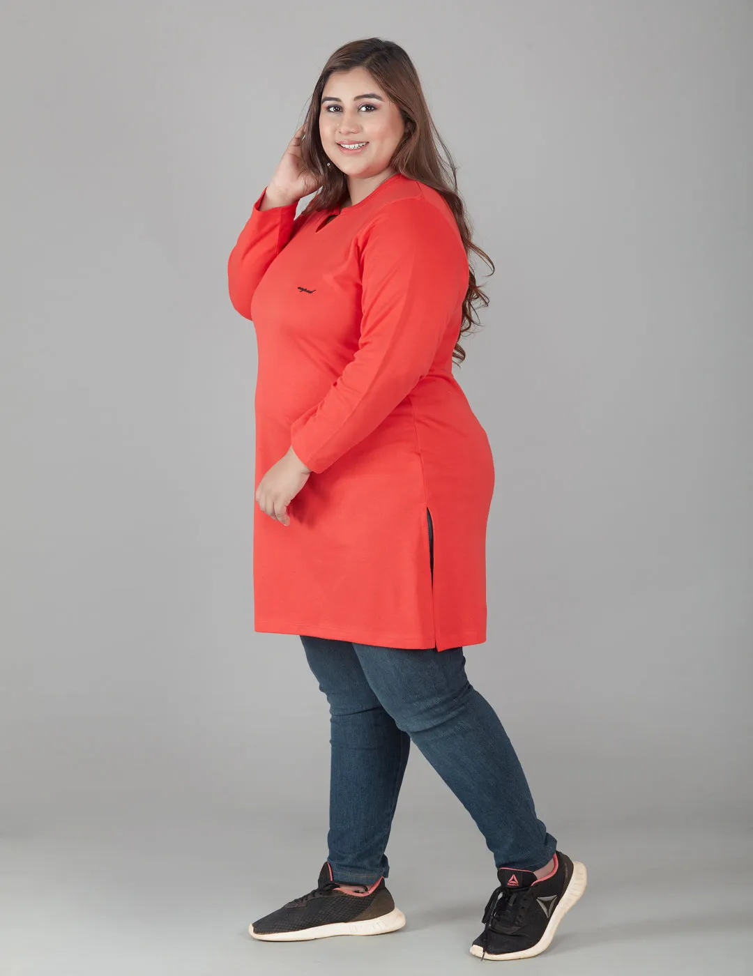 Plus Size Full Sleeves Long Top For Women - Red