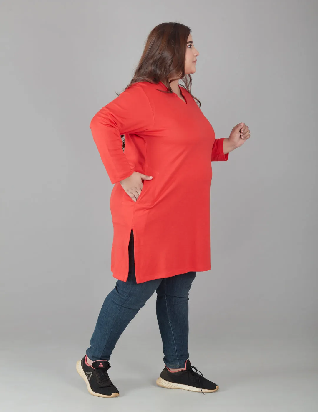 Plus Size Full Sleeves Long Top For Women - Red