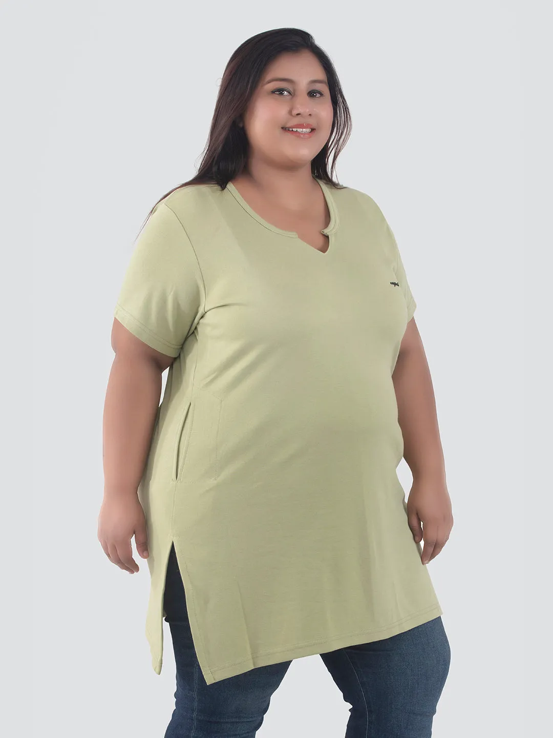 Plus Size Half Sleeves Long Top For Women -Cardamom Green