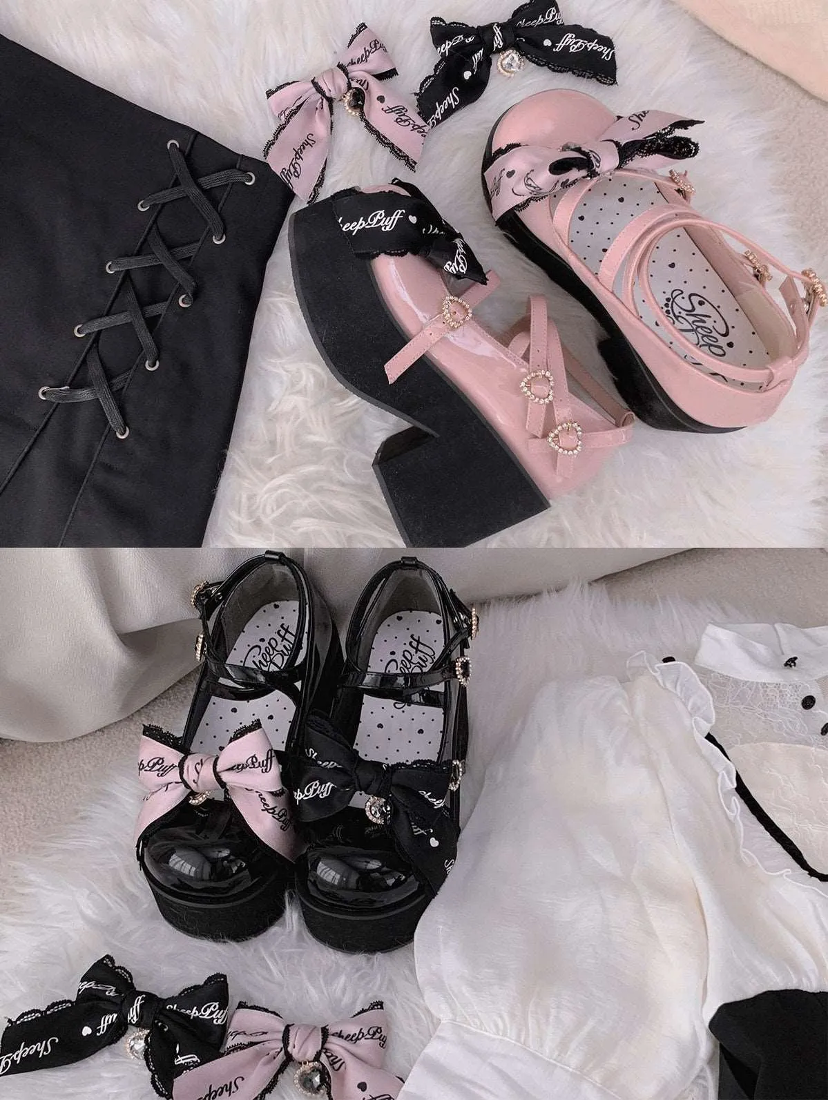 Puffy Sheep Black Pink EGL Sweet Thick Platform Shoes