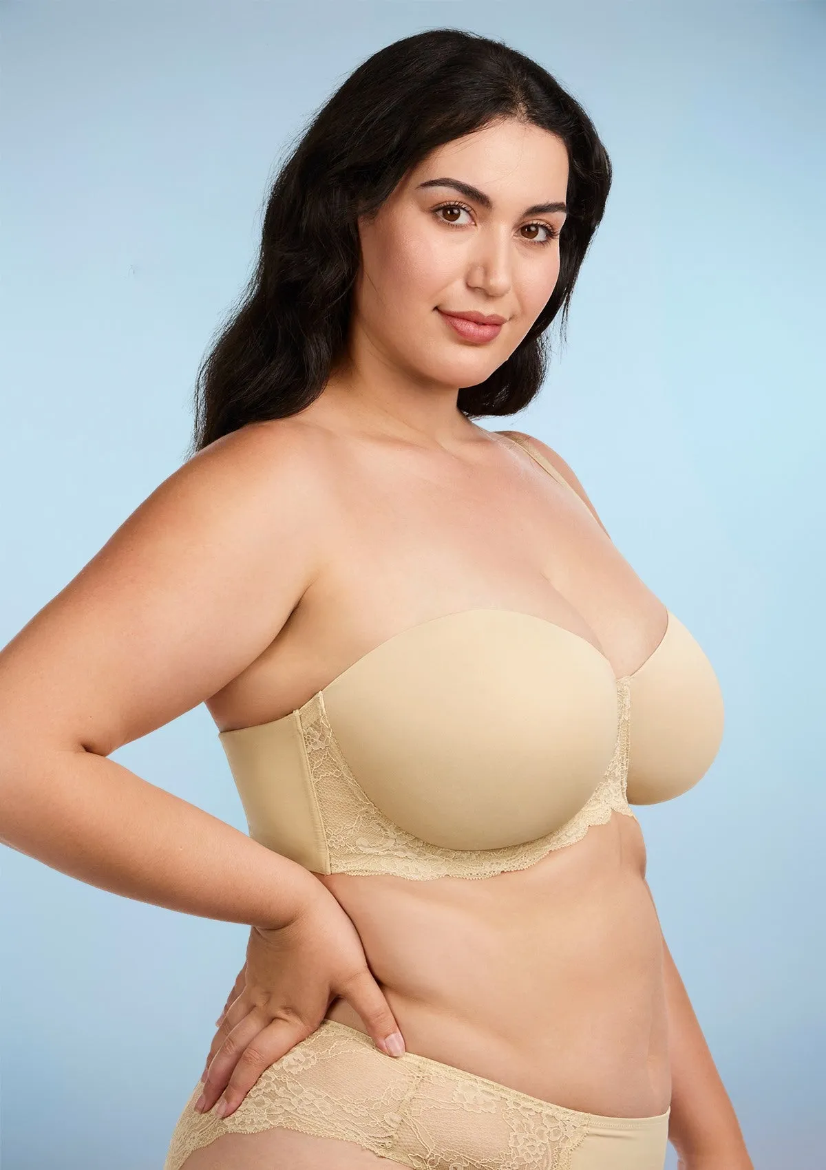 Rebecca Lace Trim Beige Lightly Padded Strapless Bra Set