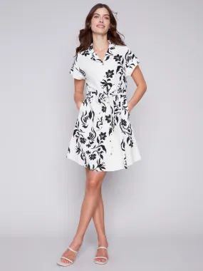 Short-Sleeved Button-Front Dress - Black & Cream