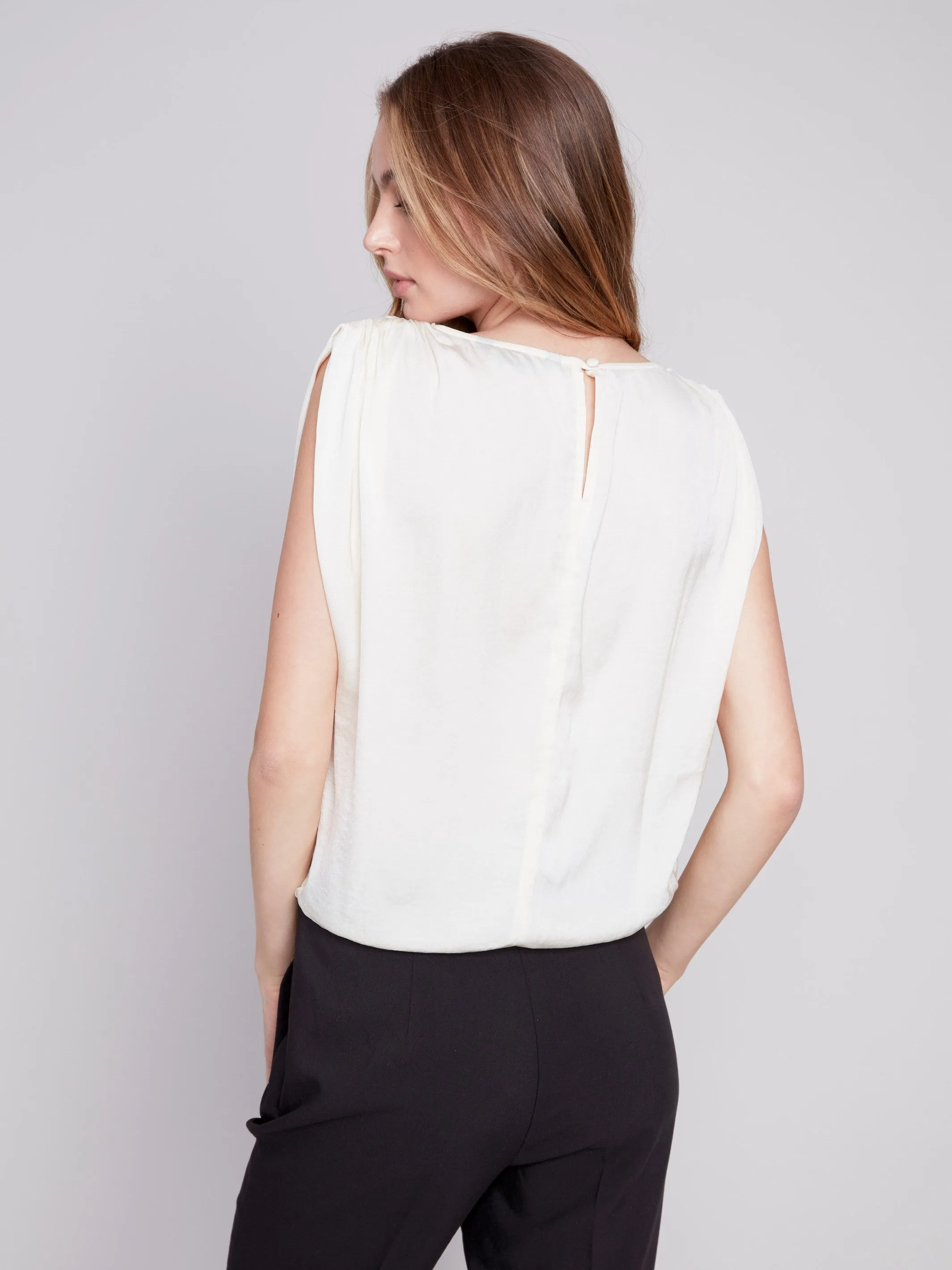 Sleeveless Satin Top with Drawstring - Natural